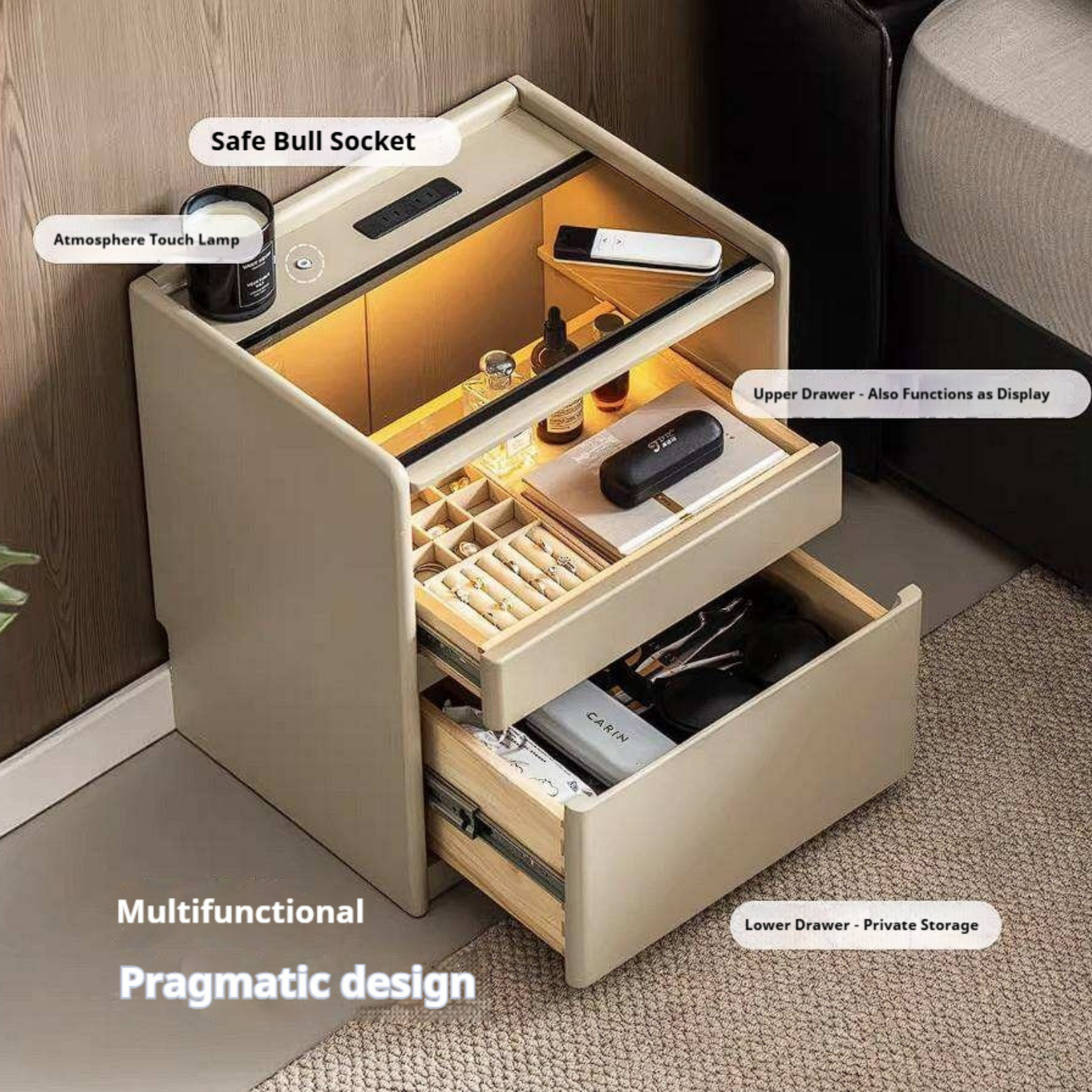 Rubberwood Solid Wood Taupe Nightstand with Tempered Glass Top, Built-In Outlet, and LED-Lit Organizer Drawer