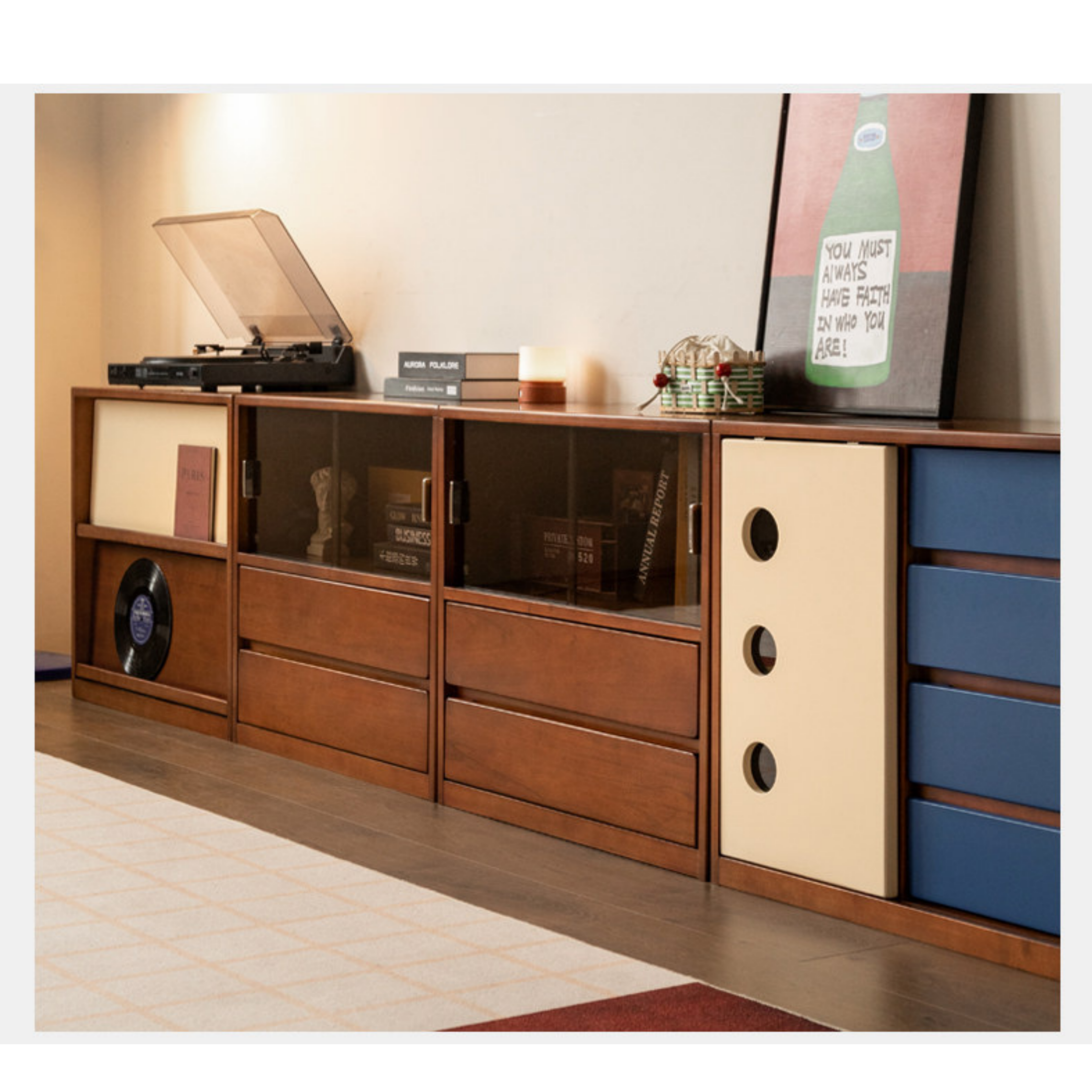 Poplar Solid Wood TV Cabinet with Vintage Style Modular Storage Design
