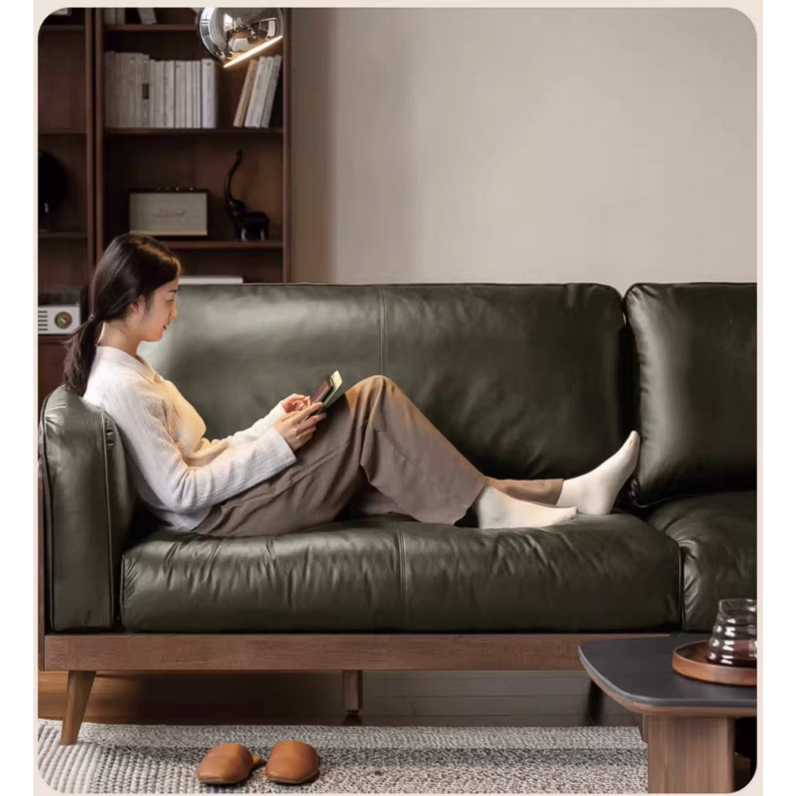 Rubberwood Solid Wood Genuine leather Sofa with Deep Seats and Slim Walnut Frame
