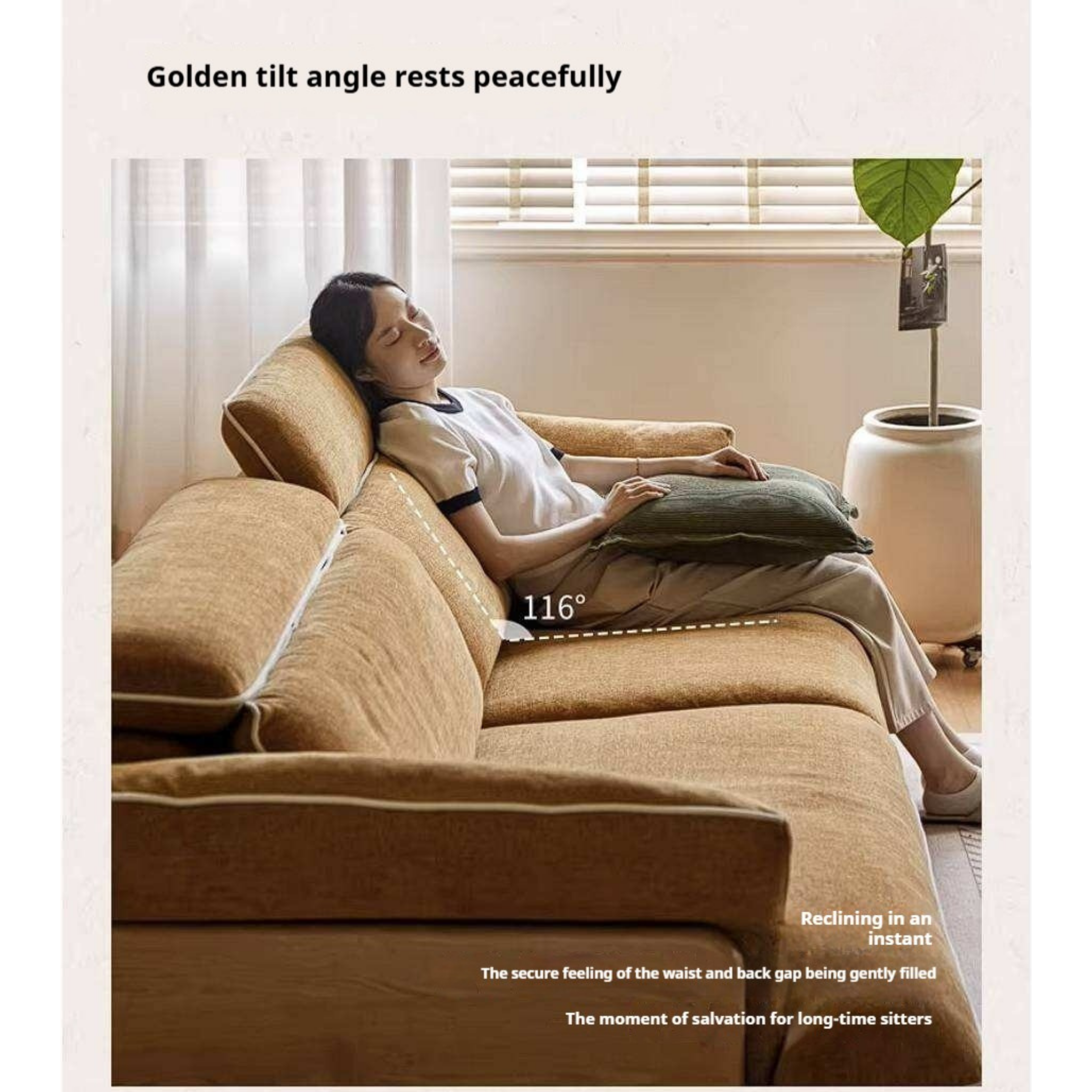 Oak Solid Wood High Back Chenille Sofa with Curved Arms