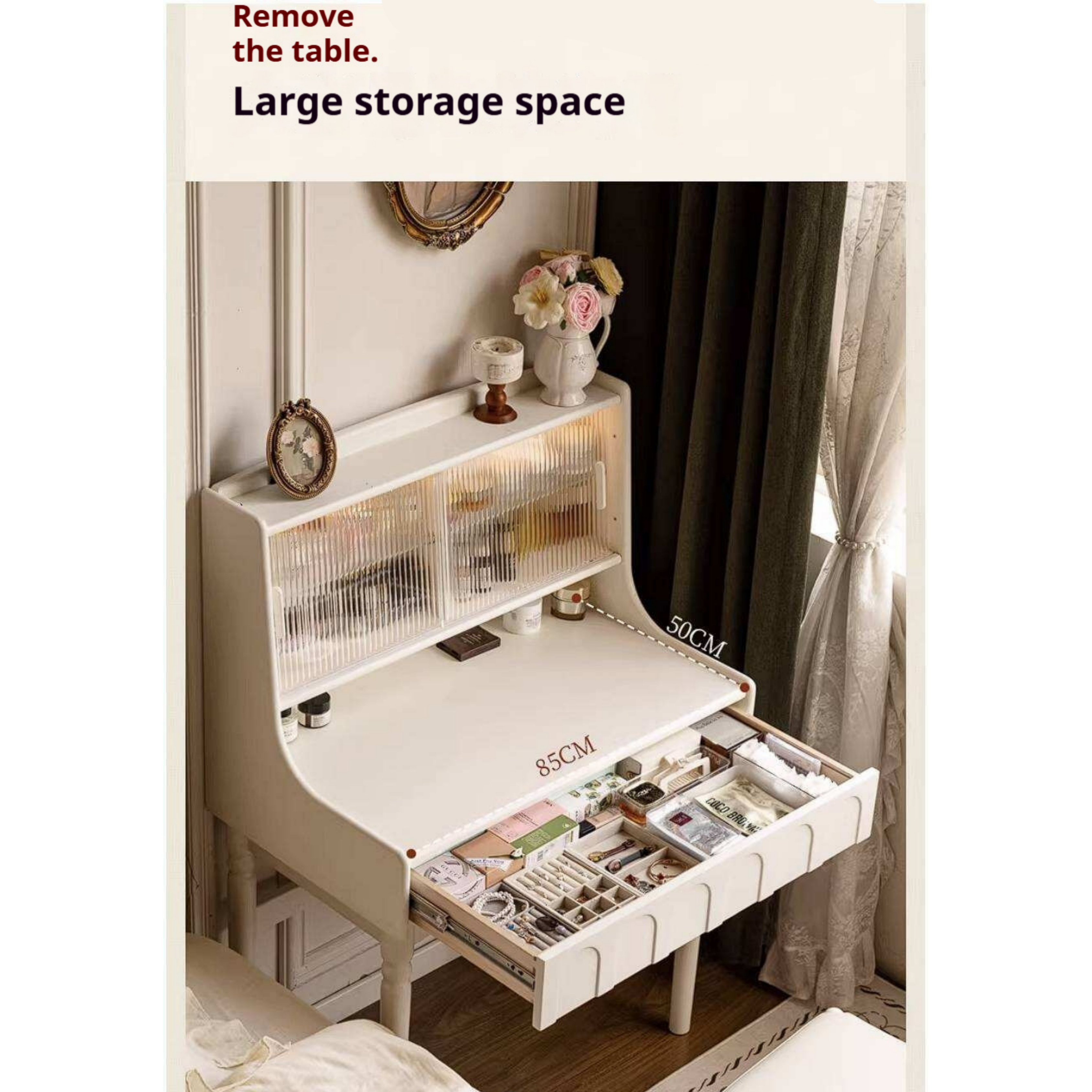 Rubberwood Solid Wood French Retro Vanity Desk with Lighted Storage Mirror and Drawers