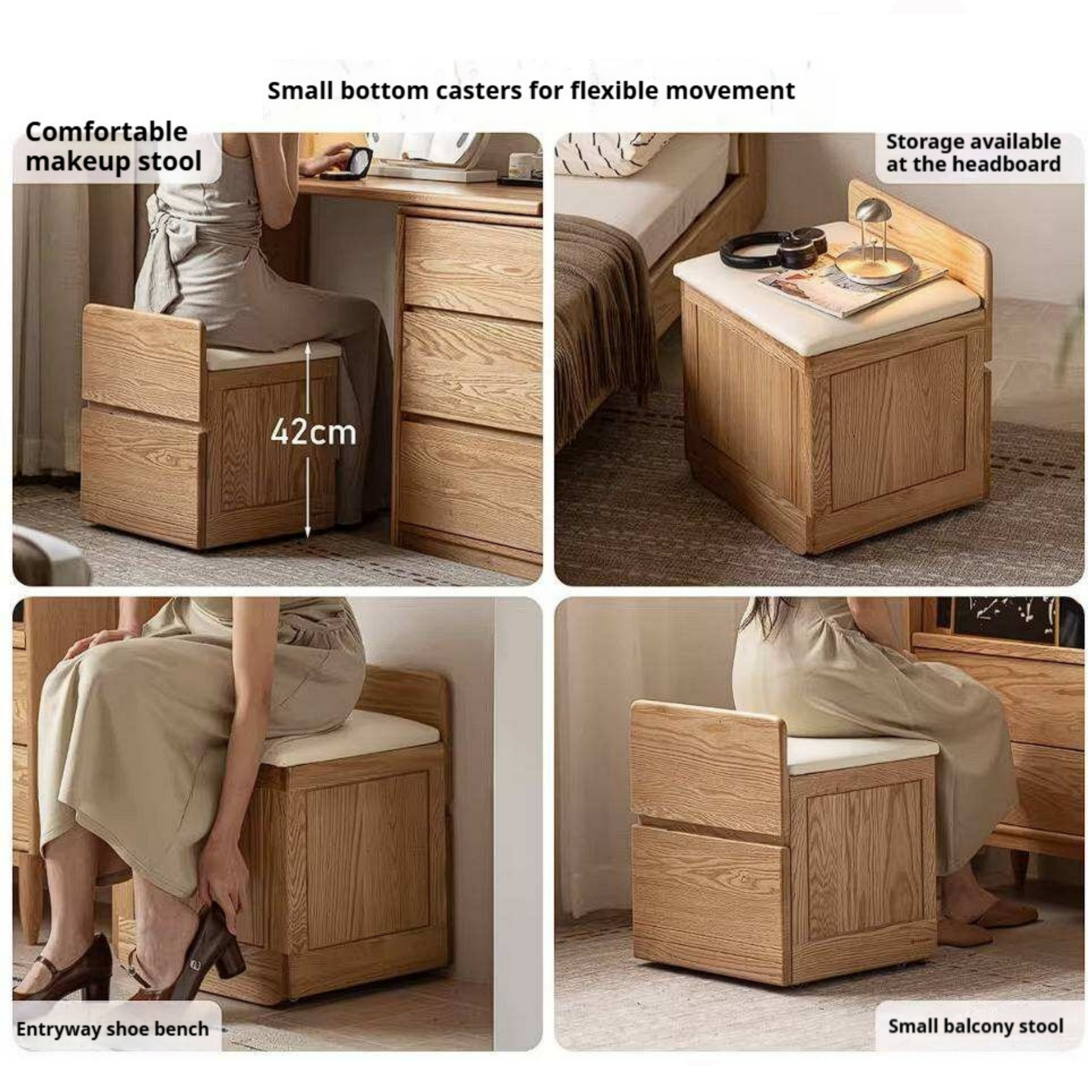 Oak, Ash, Black Walnut, Cherry Solid Wood Storage Vanity Stool with Upholstered Flip-Top Seat and Drawer
