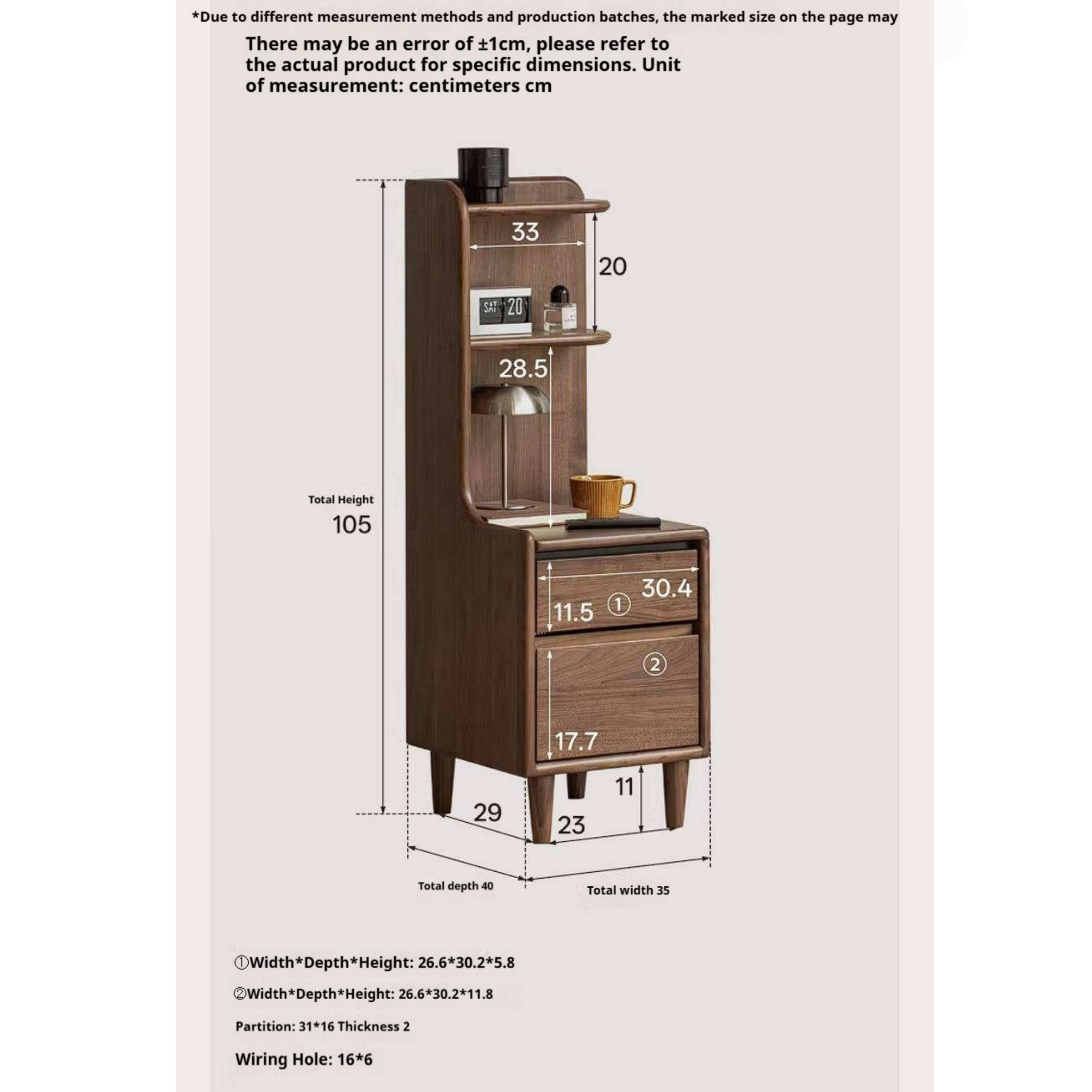 Black Walnut Solid Wood Nightstand with Drawer and Open Shelf