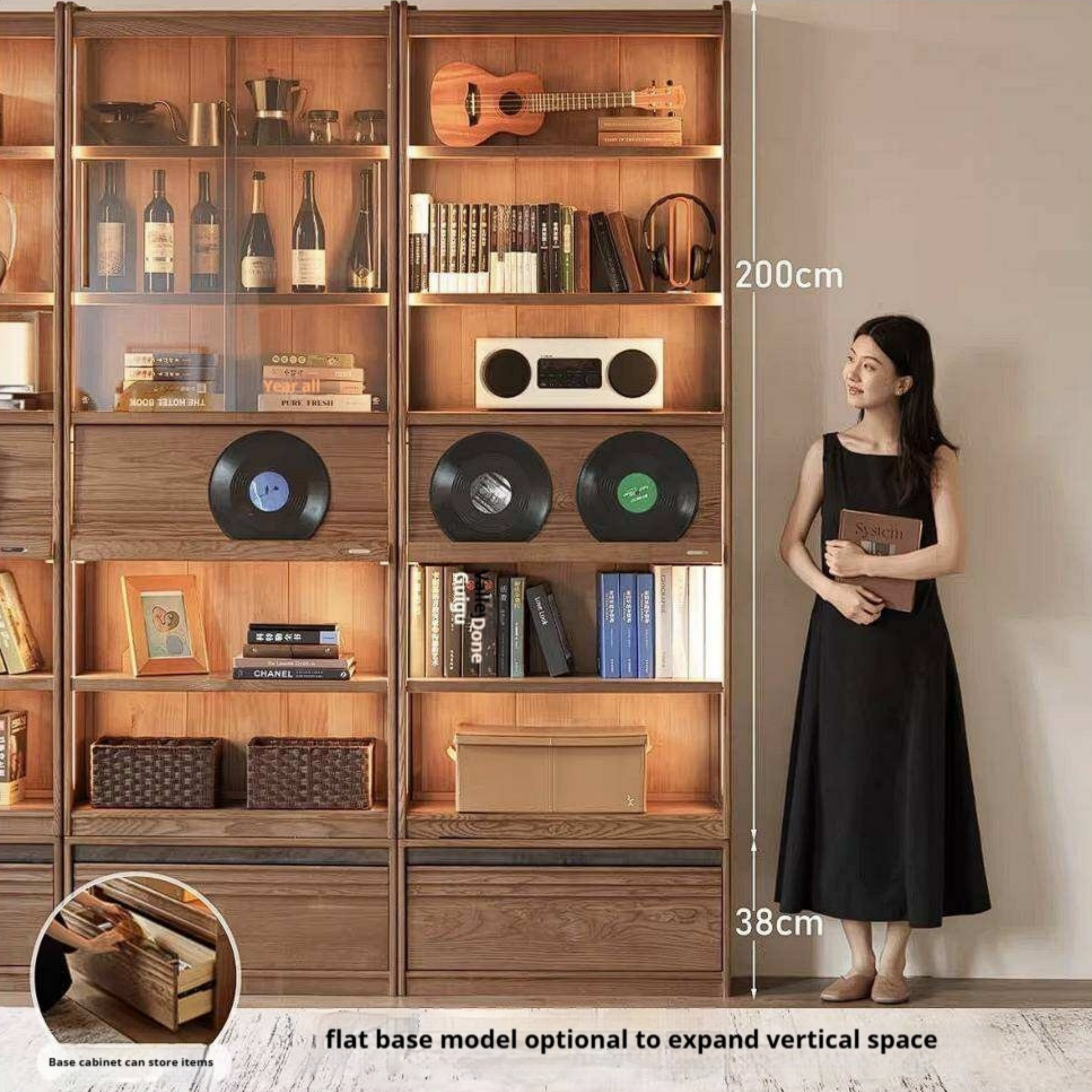 Ash Solid Wood Bookcase with Wall-Mounted Display and Storage Cabinet