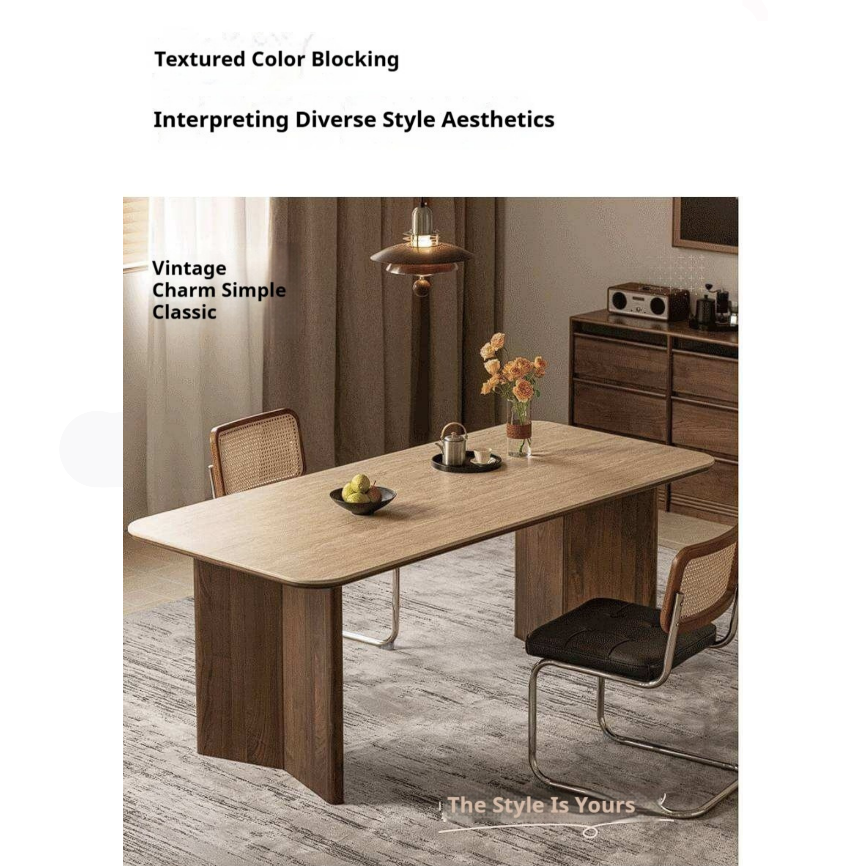 Black Walnut Solid Wood Trestle Dining Table with Stone Top and Panel Legs