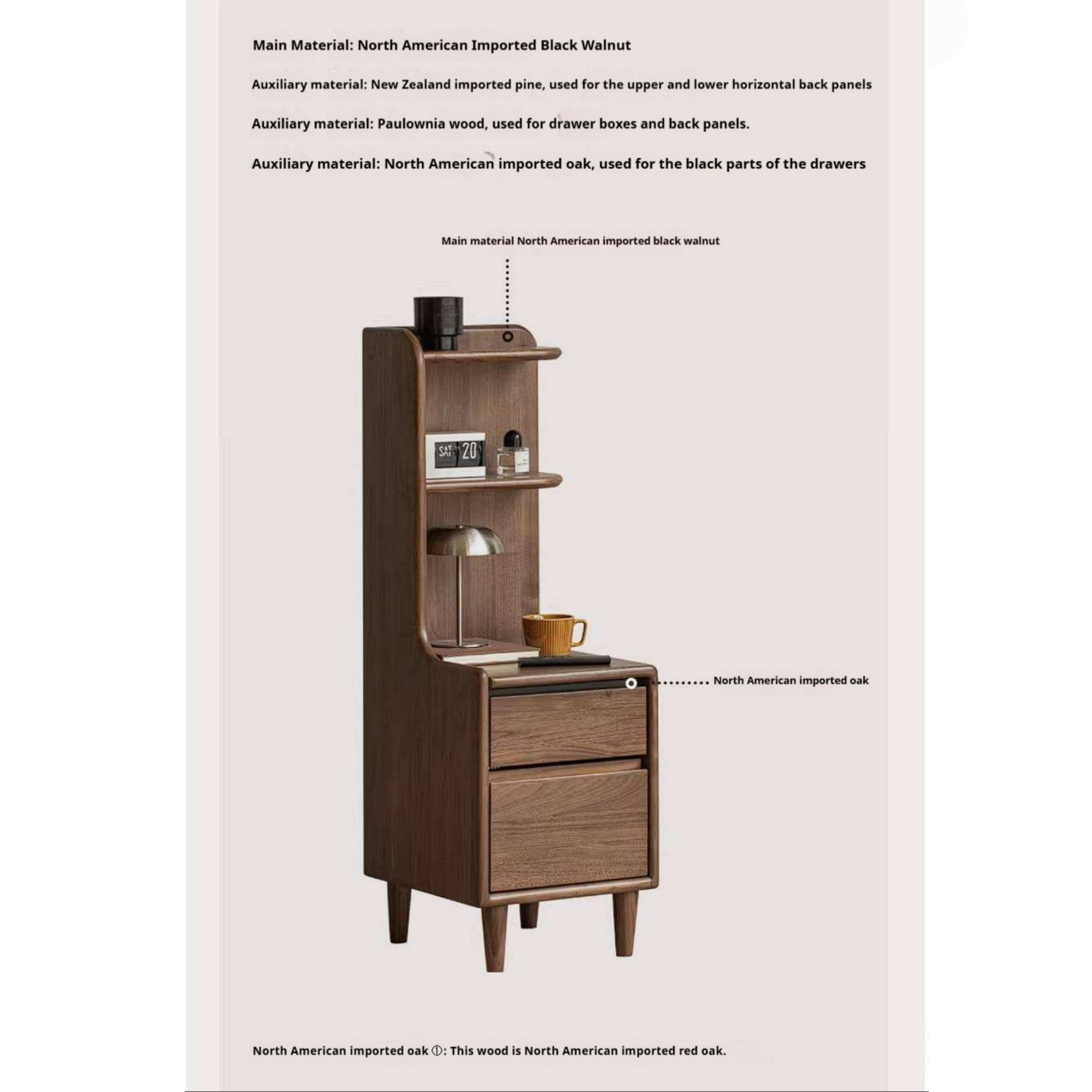 Black Walnut Solid Wood Nightstand with Drawer and Open Shelf