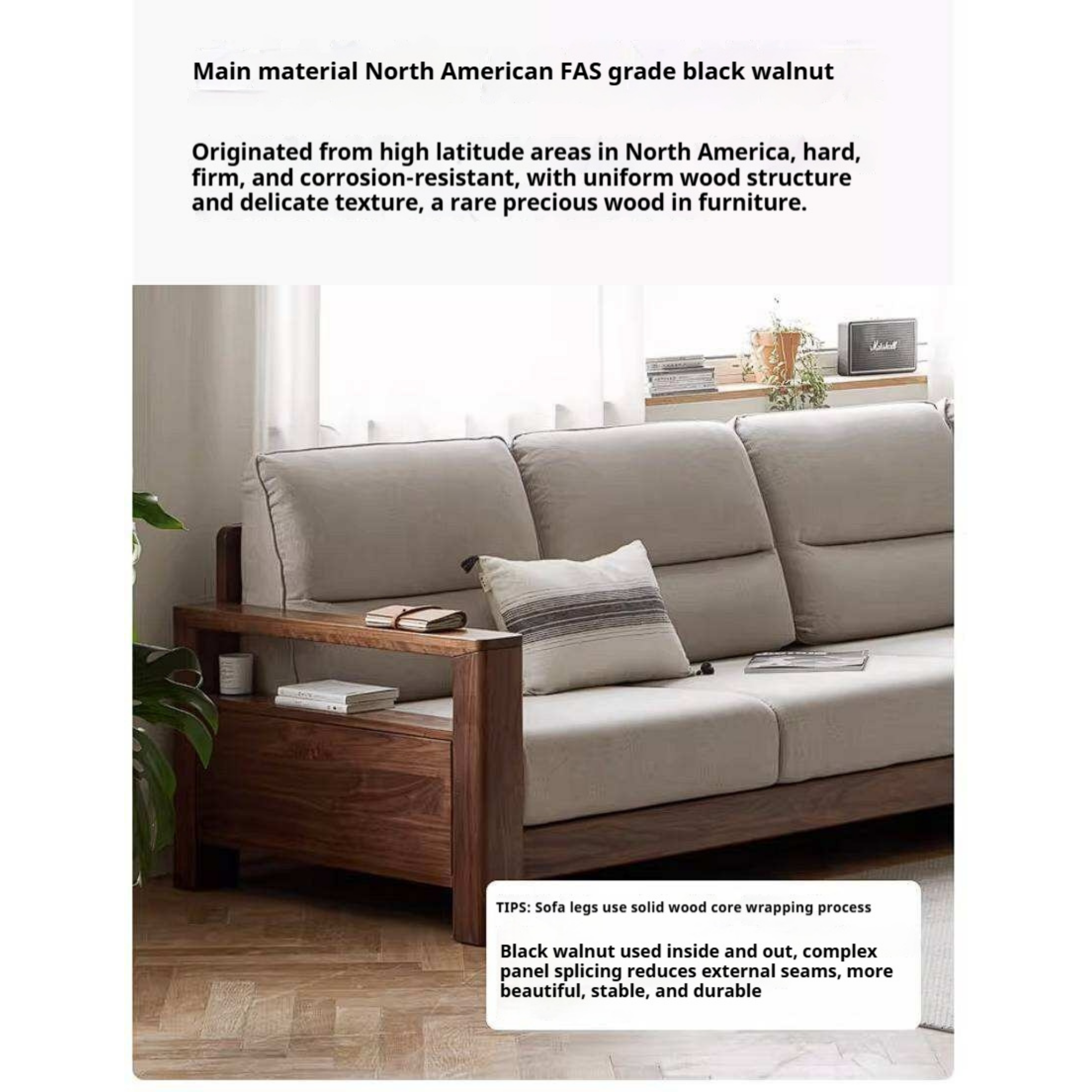 Black Walnut, Ash, Golden Sandalwood Solid Wood Corner Sofa with Fabric Upholstery