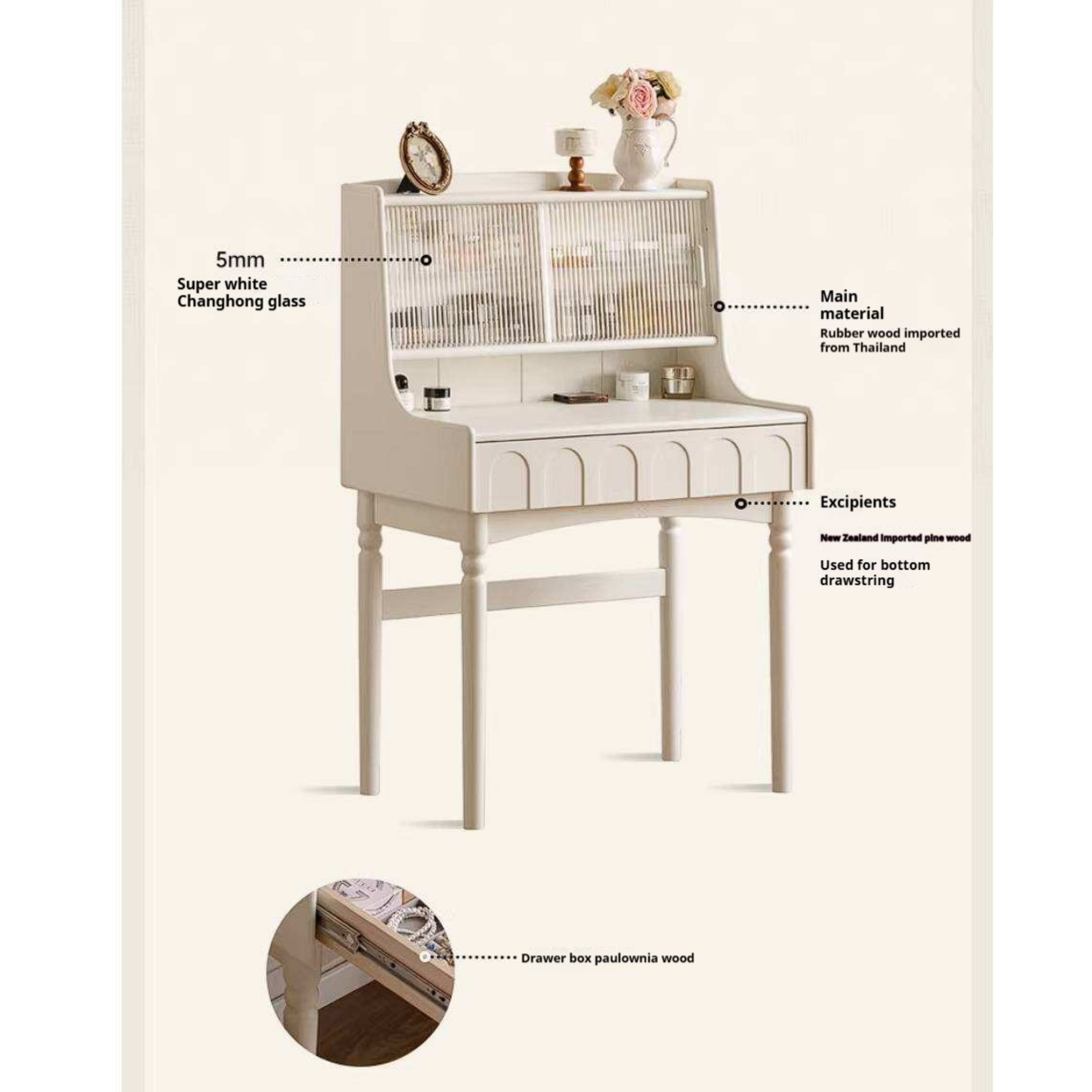 Rubberwood Solid Wood French Retro Vanity Desk with Lighted Storage Mirror and Drawers