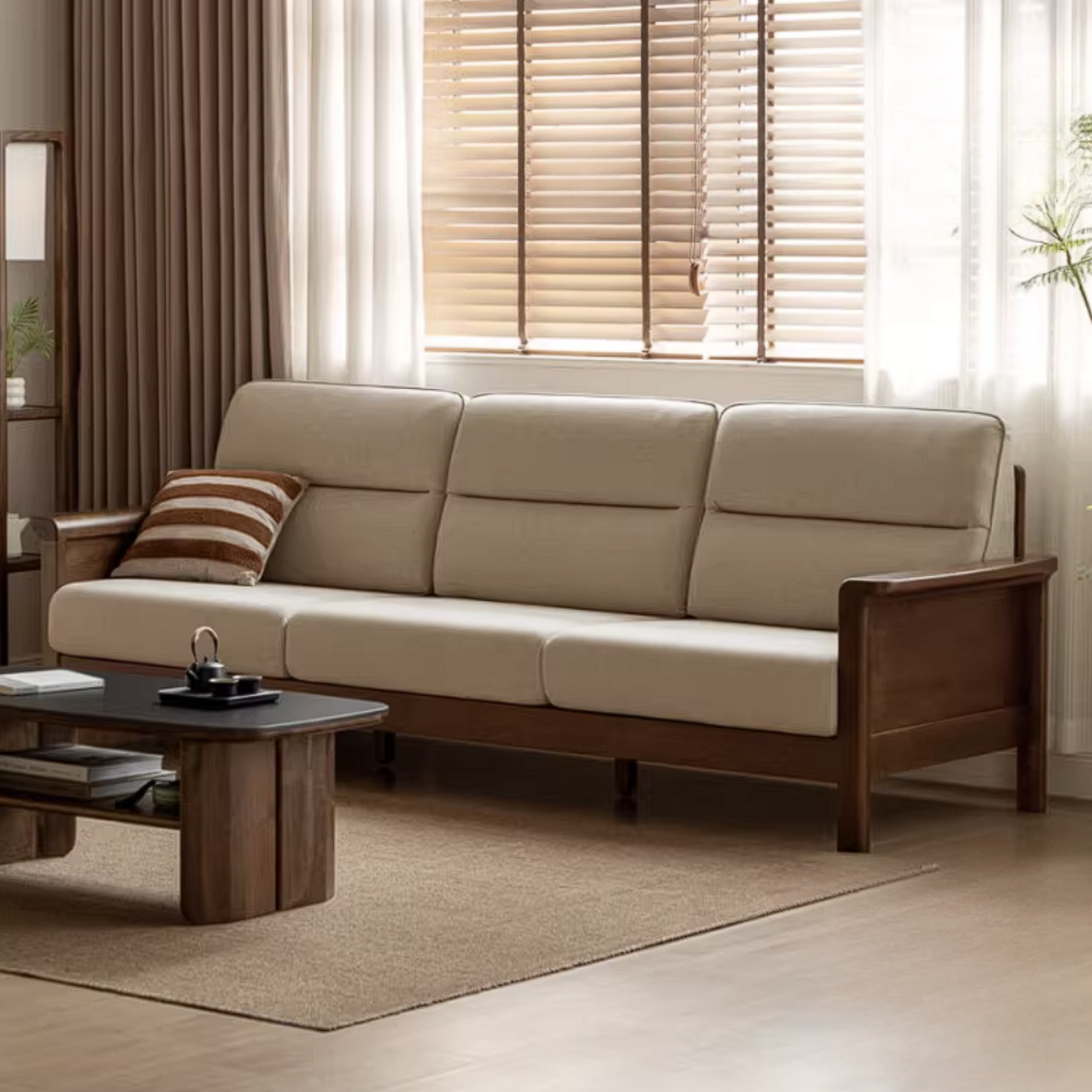 Golden Sandalwood Solid Wood Sofa with Soft Fabric Cushions