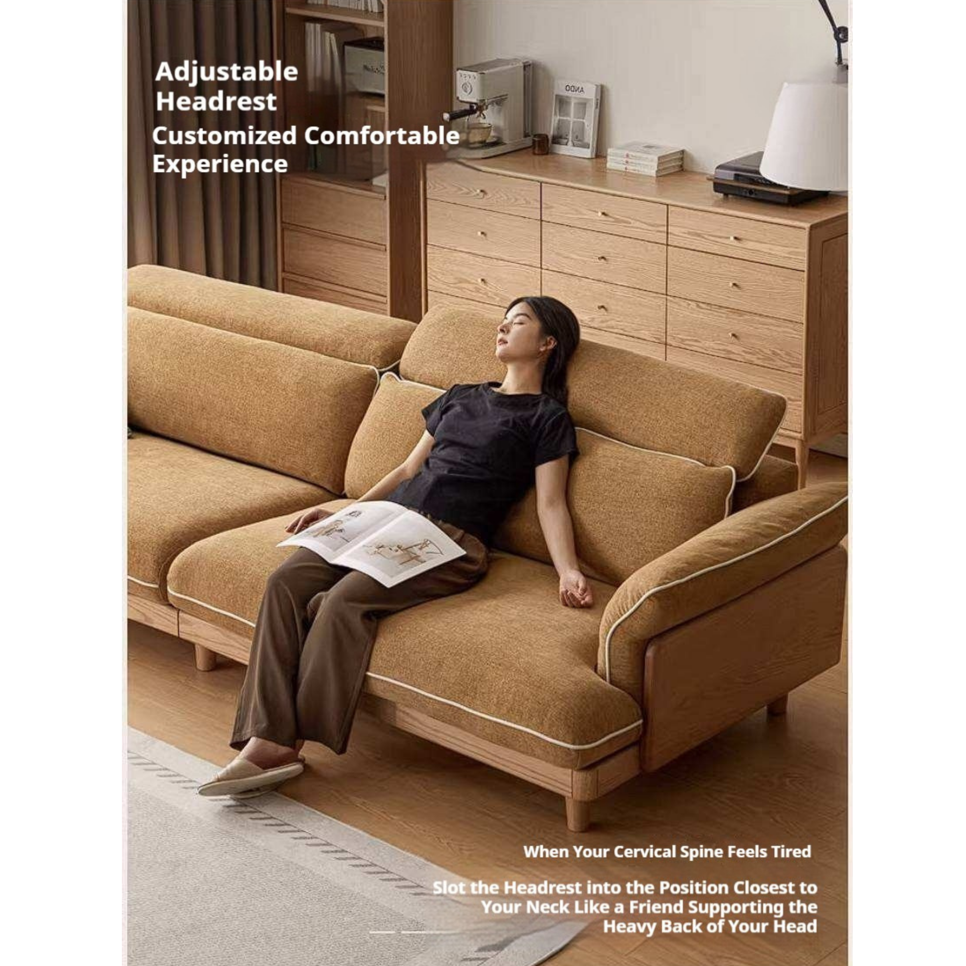 Oak Solid Wood High Back Chenille Sofa with Curved Arms