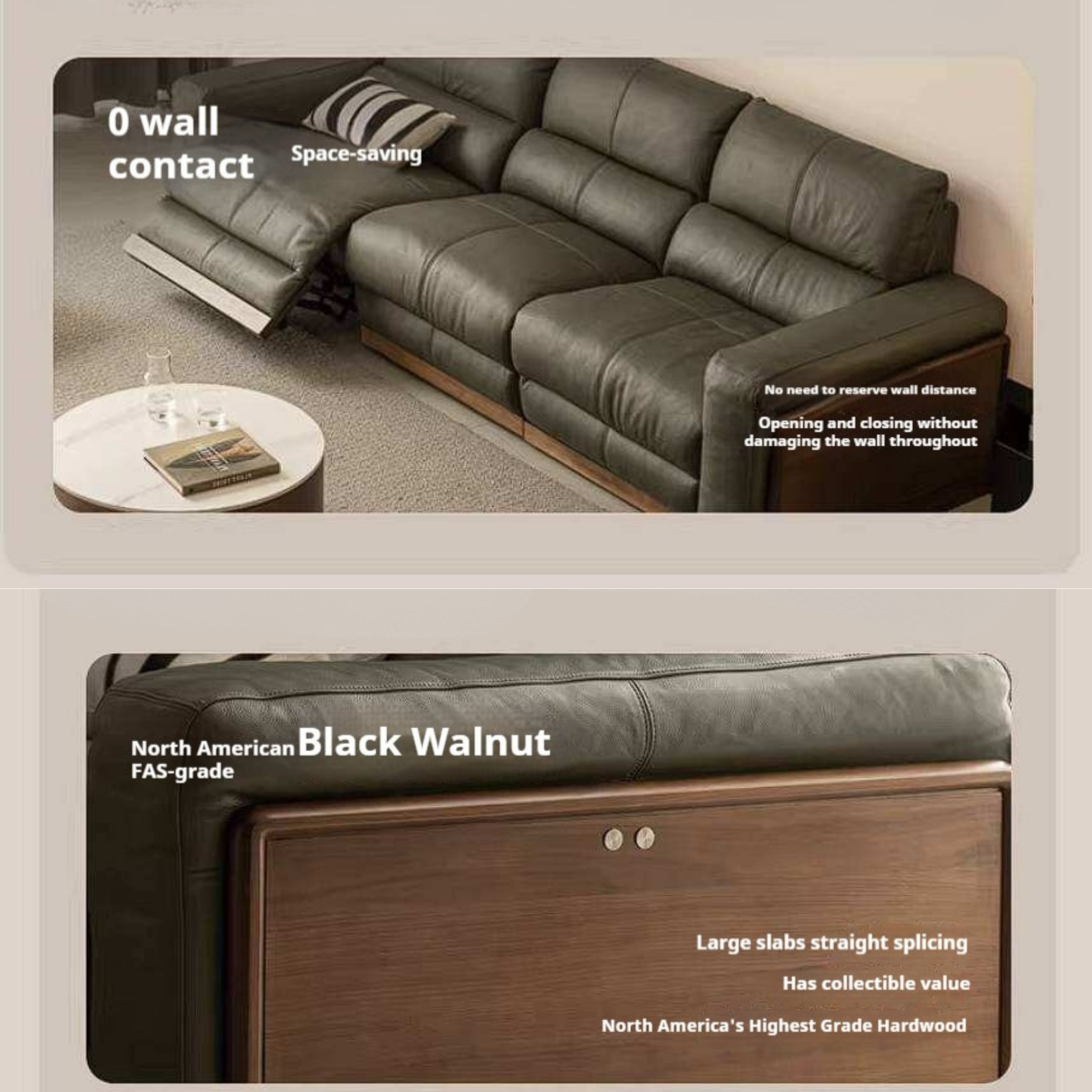 Black Walnut Solid Wood Genuine Leather Reclining Sofa with Zero Wall Clearance
