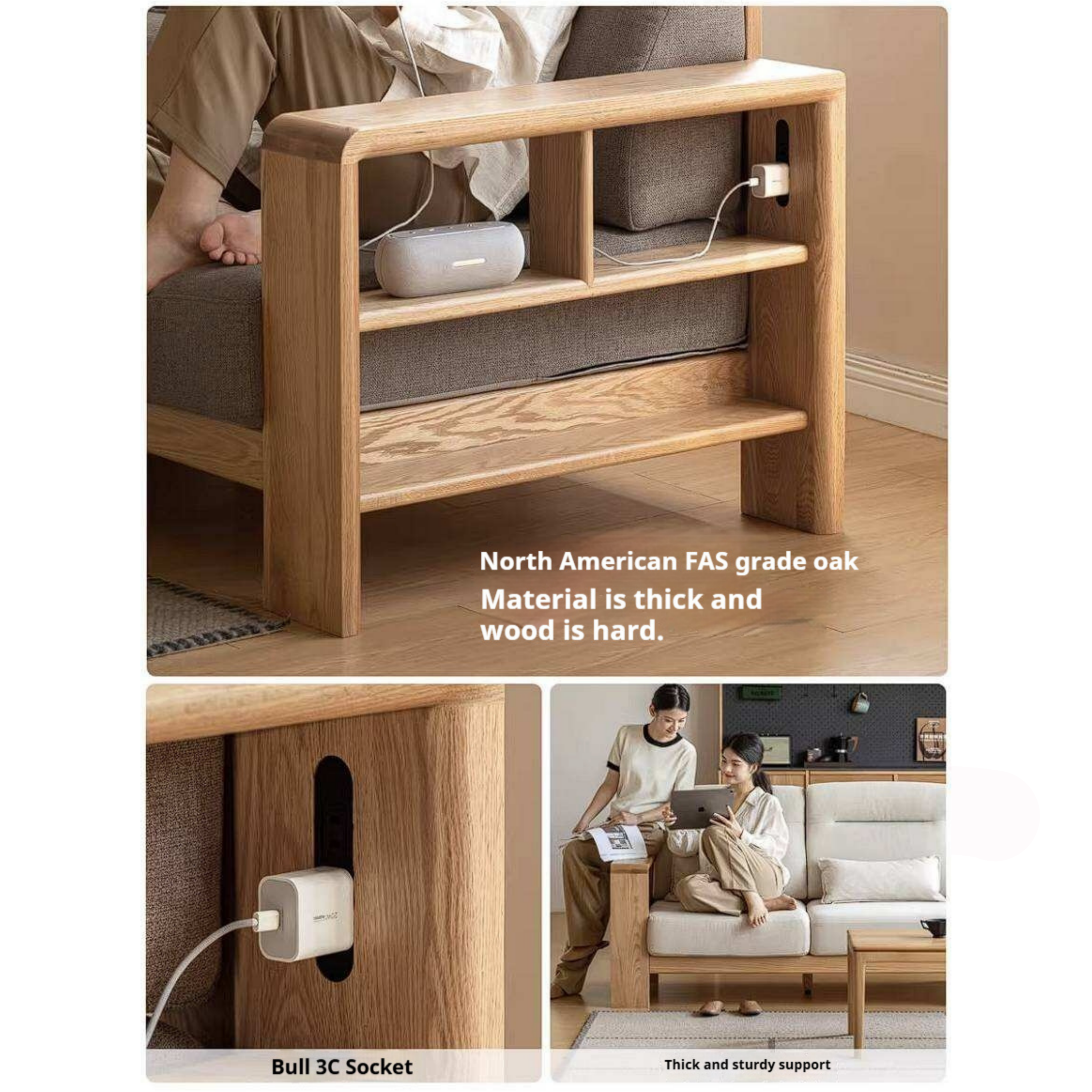 Oak Solid Wood Corner Sofa with Modern Fabric Upholstery