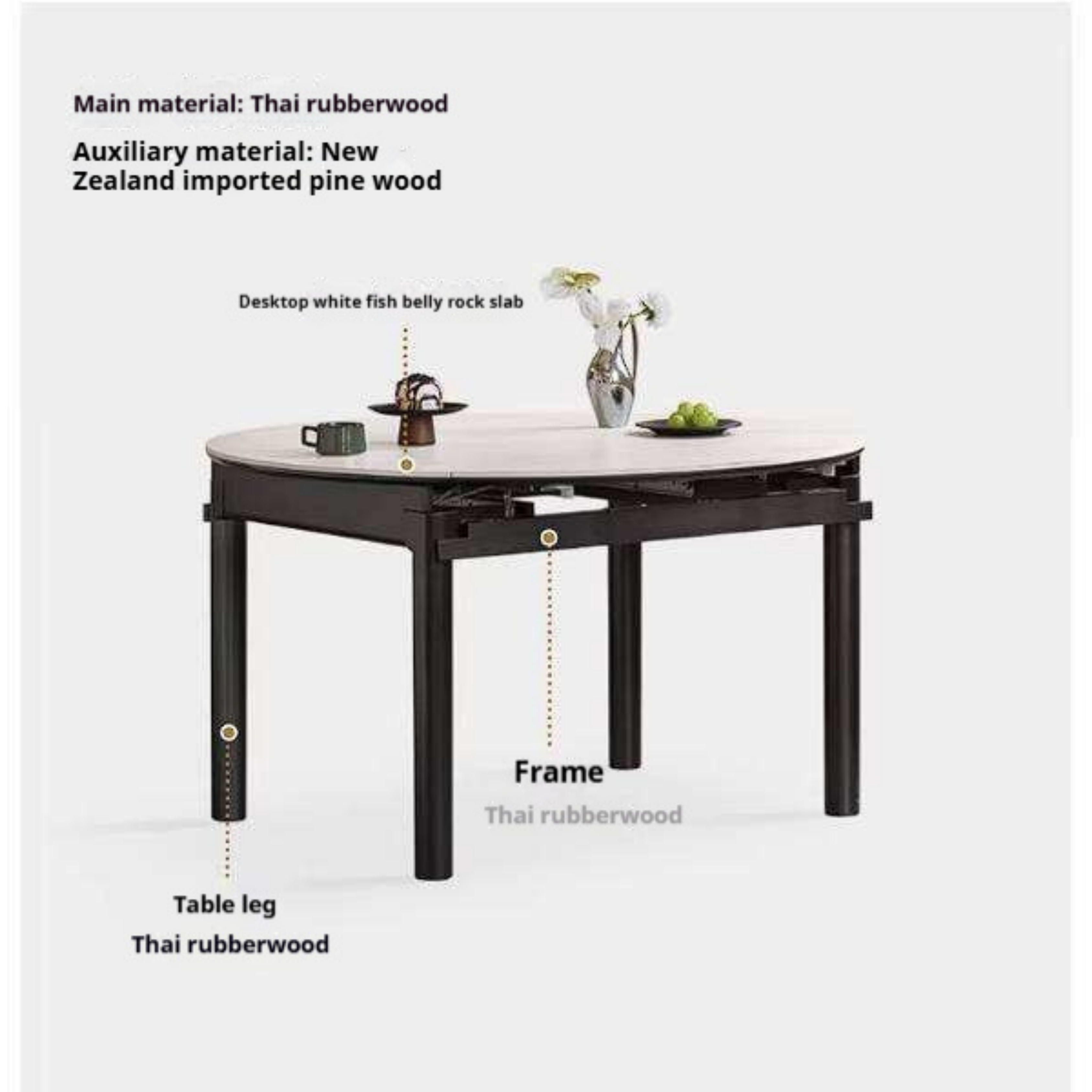 Rubberwood Solid Wood Extendable Round Dining Table with Stone Top