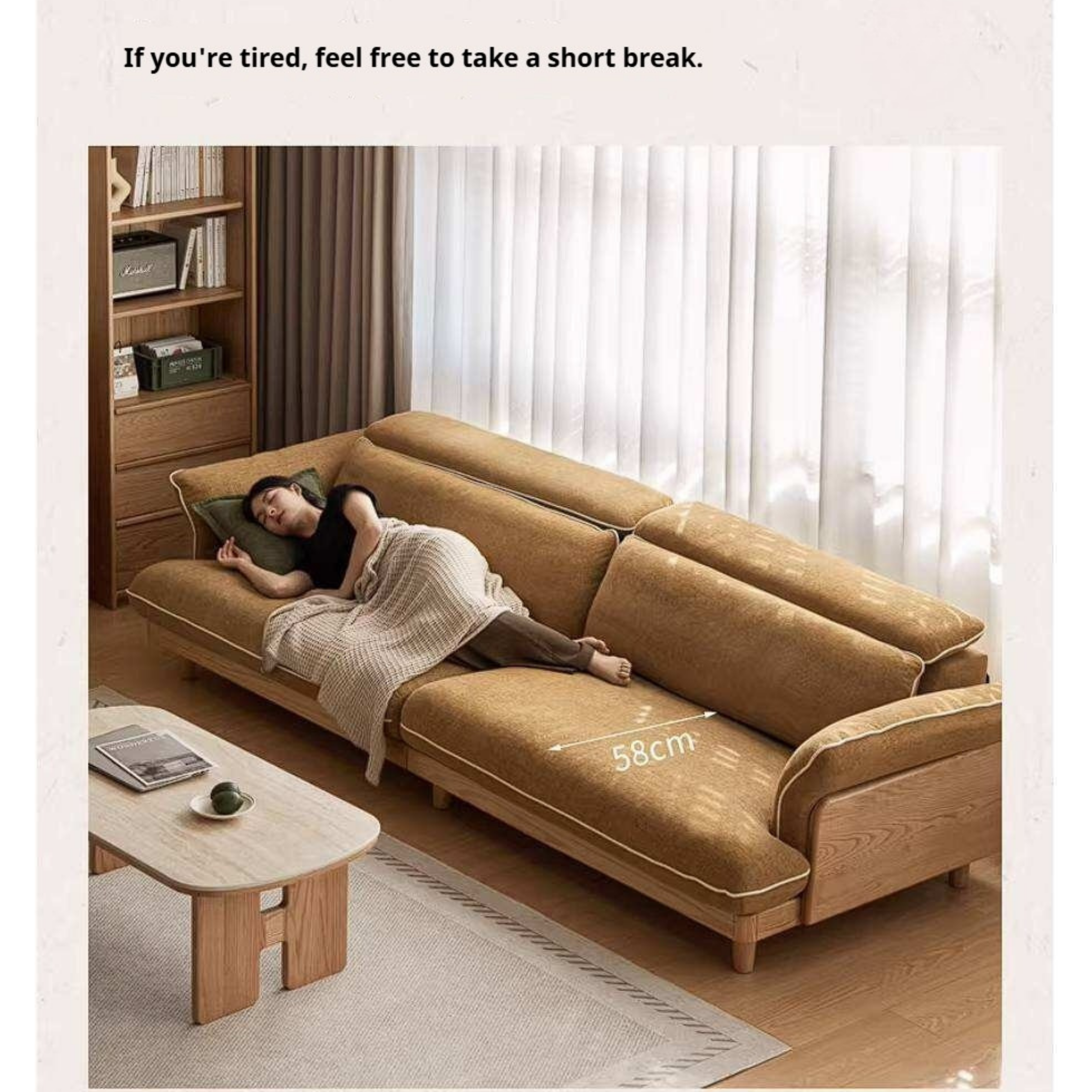 Oak Solid Wood High Back Chenille Sofa with Curved Arms