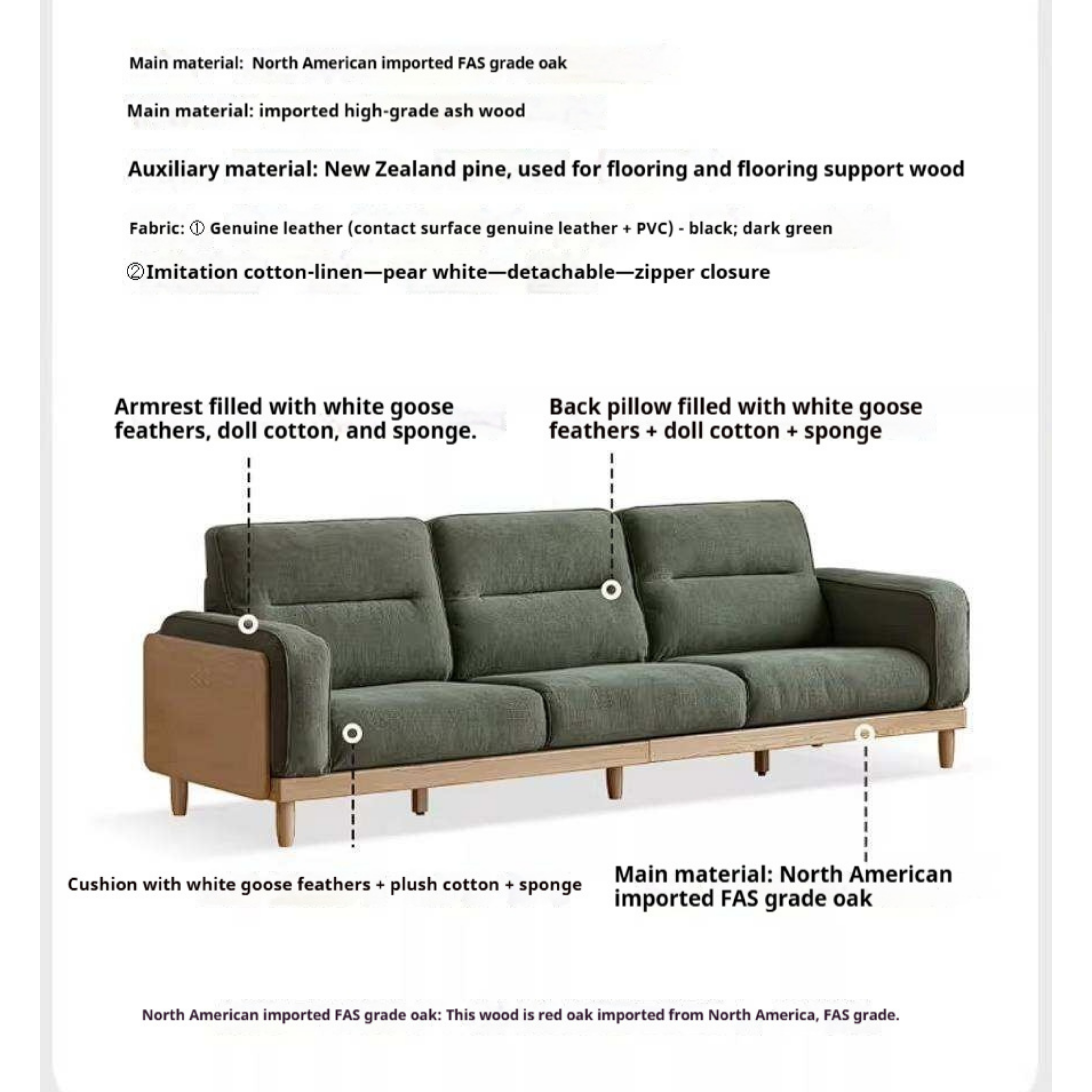 Oak, Ash Solid Wood Sofa with Exposed Wood Frame Arms