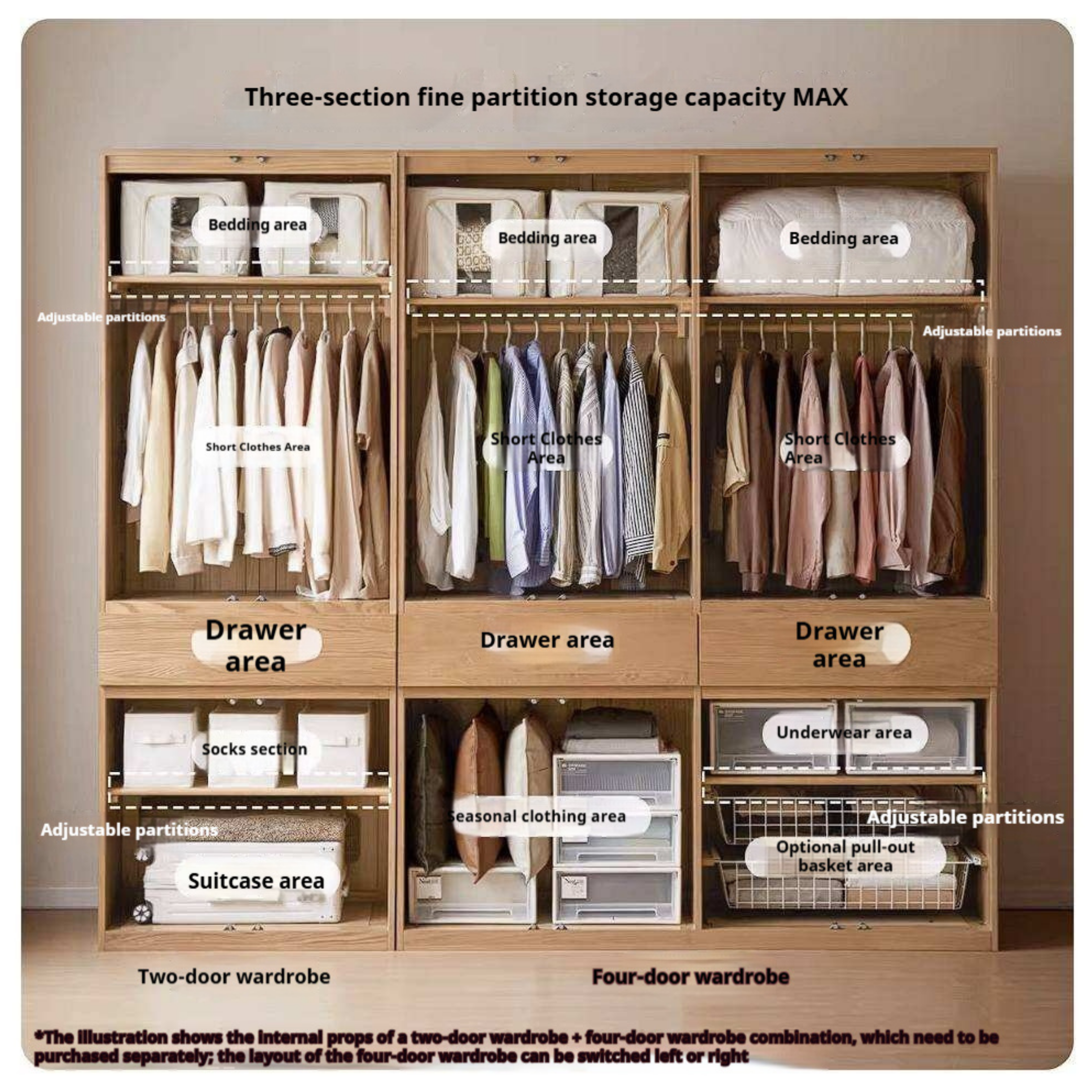 Oak Solid Wood Double Door Wardrobe with pull-out storage drawers Design