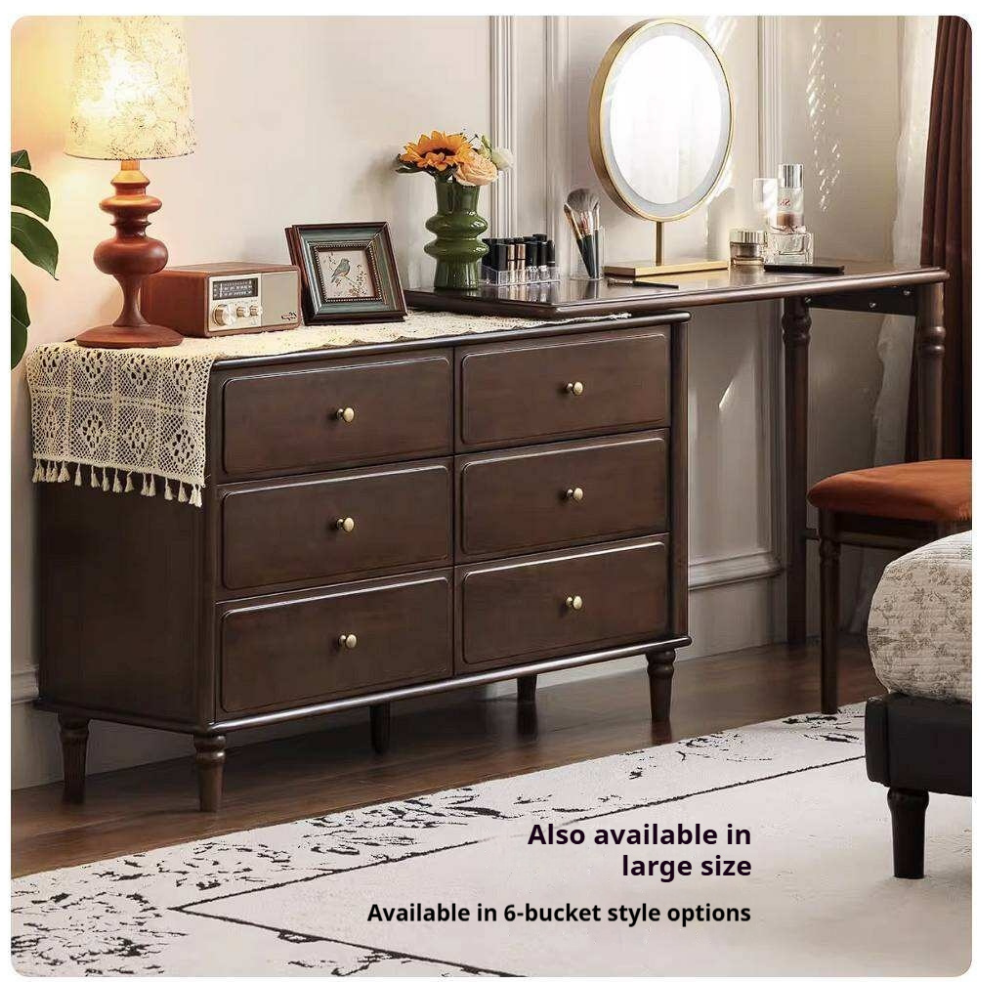 Poplar Solid Wood Vintage Extendable Vanity Desk with Round Mirror and Turned Legs