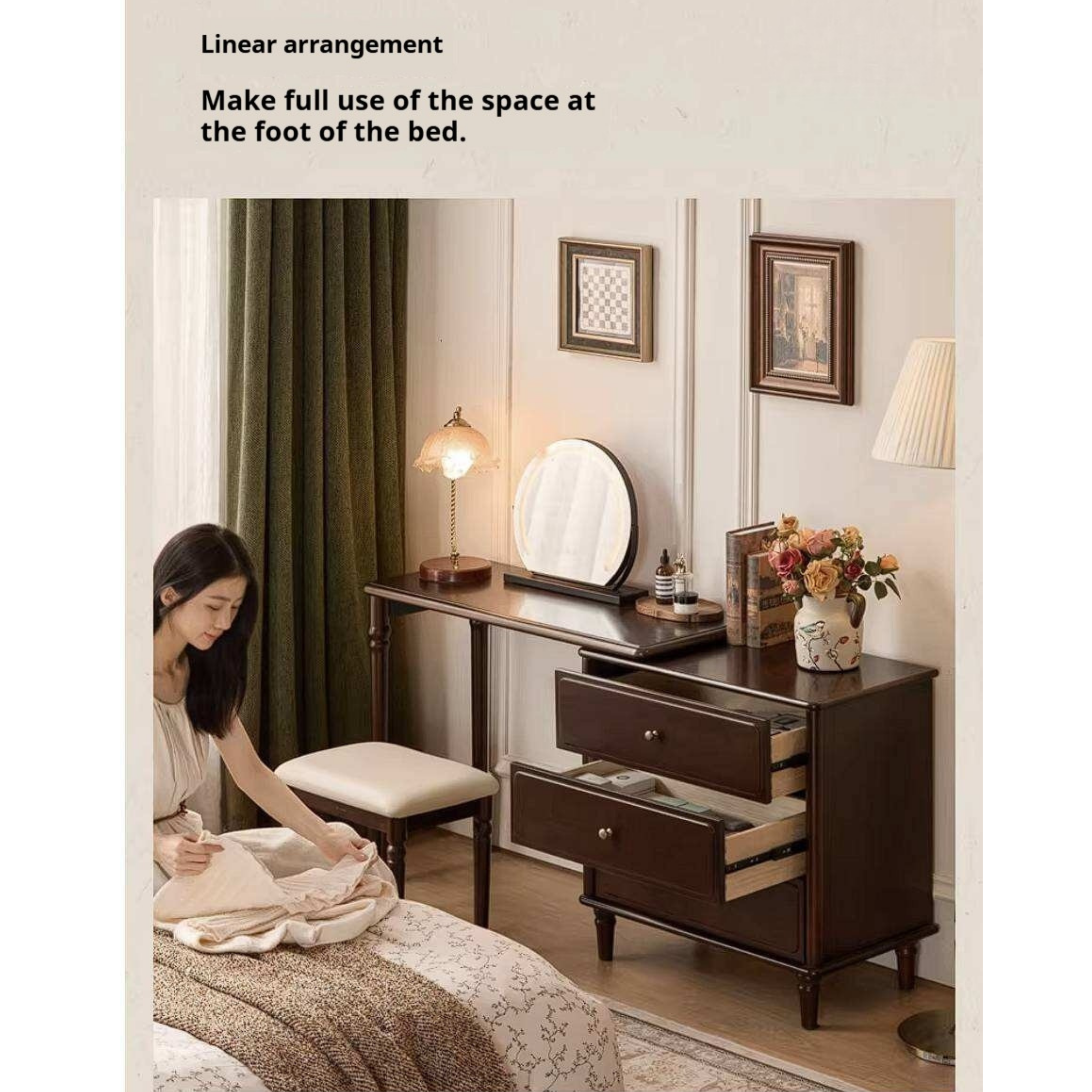 Poplar Solid Wood Vintage Extendable Vanity Desk with Round Mirror and Turned Legs