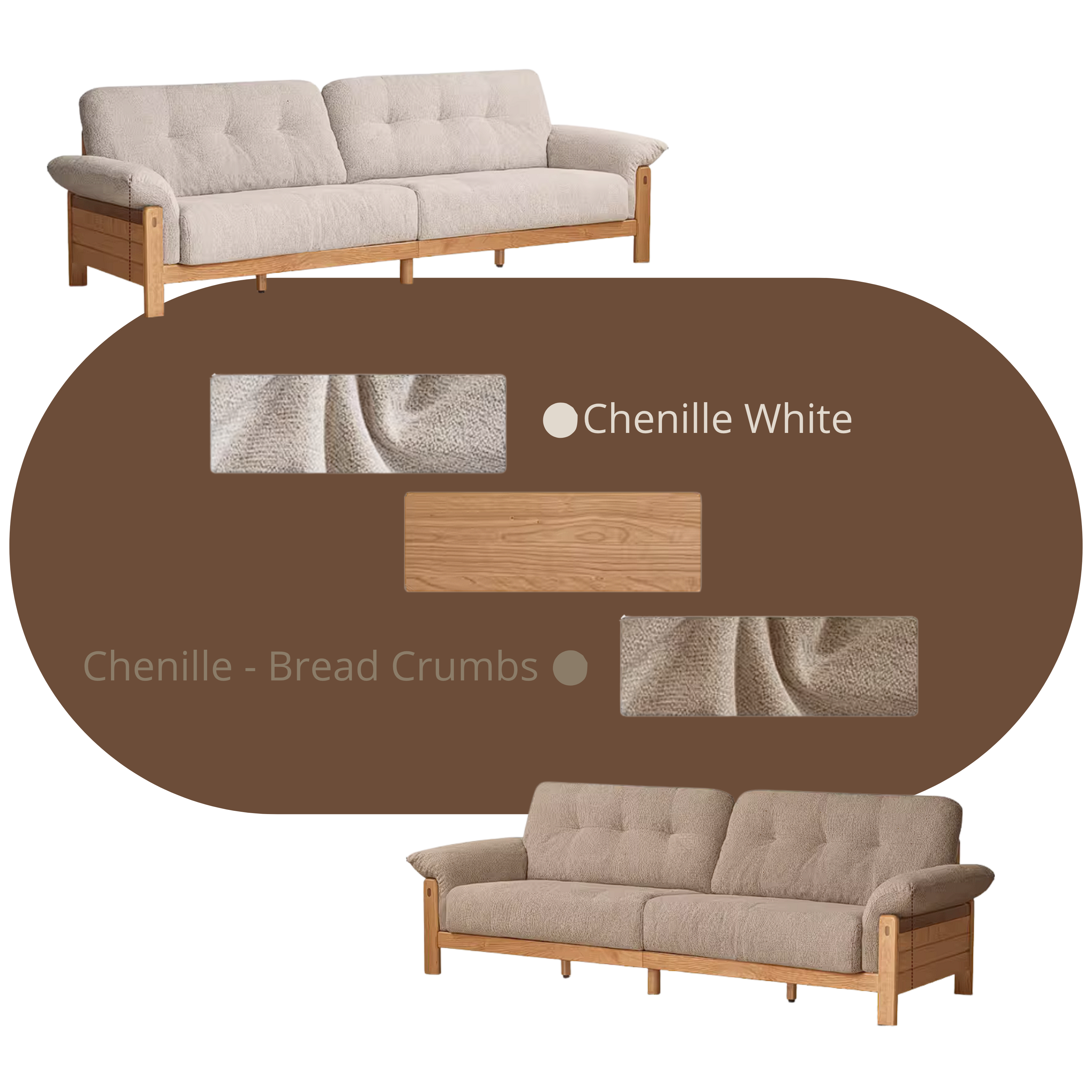 Cherry Solid Wood Vintage Frame Chenille Sofa with Exposed Slatted Arms