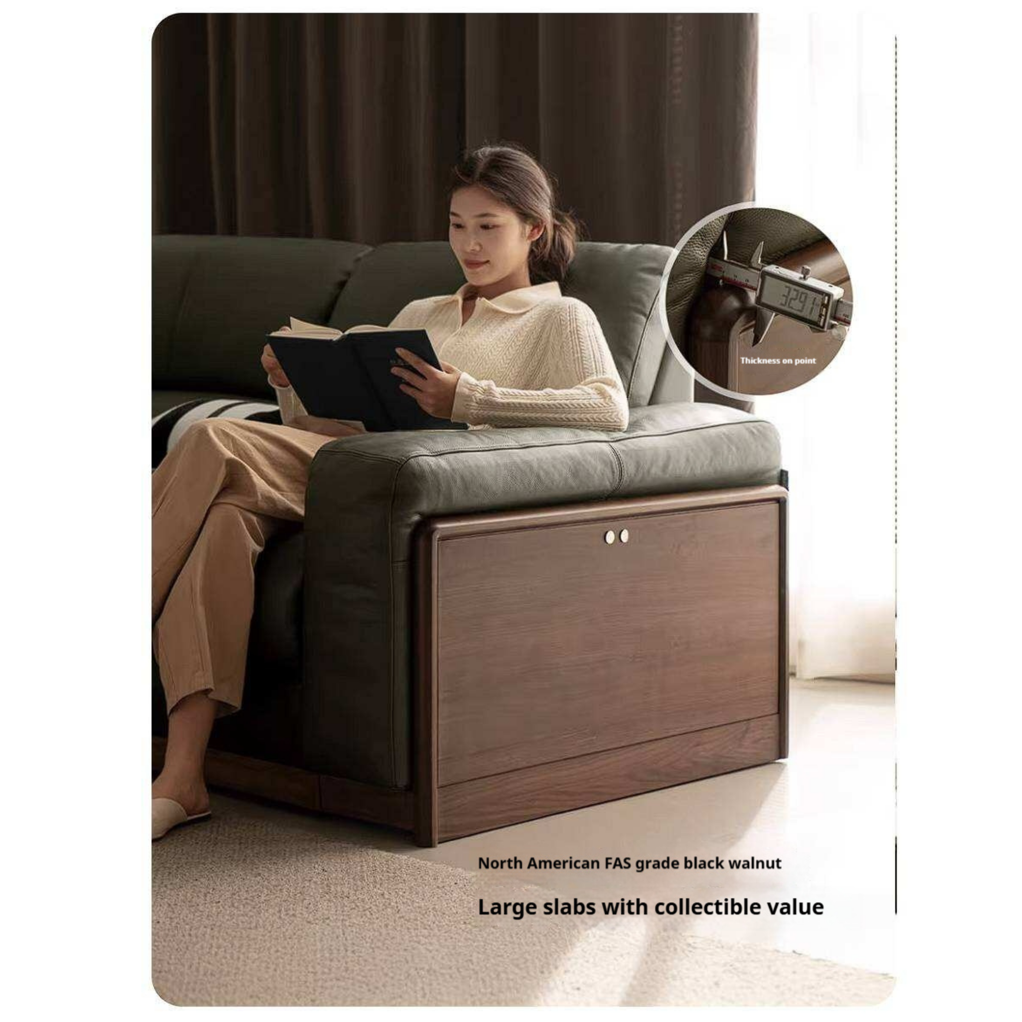 Black Walnut Solid Wood Genuine Leather Reclining Sofa with Zero Wall Clearance