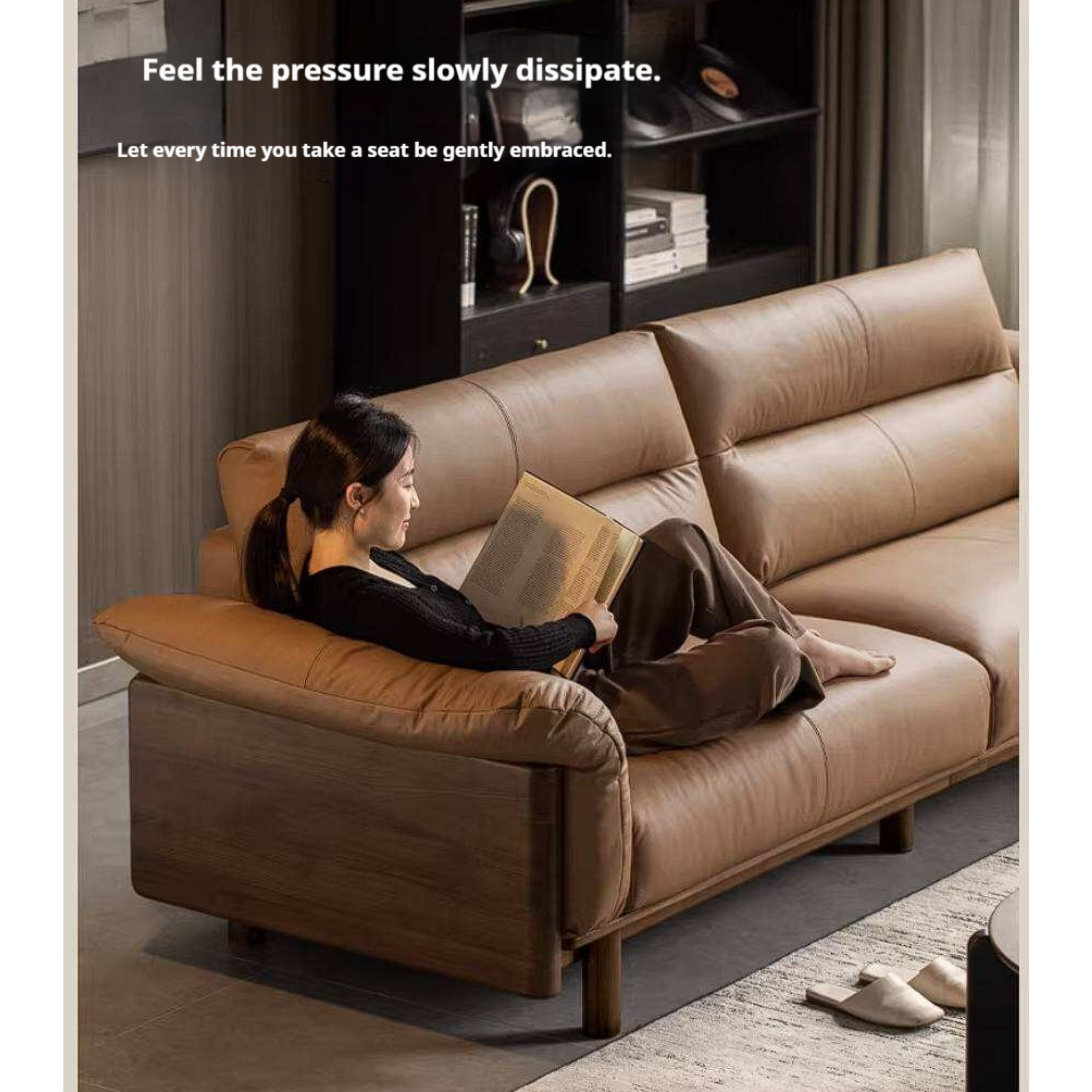 Black Walnut Solid Wood Genuine Leather Sofa with High Back