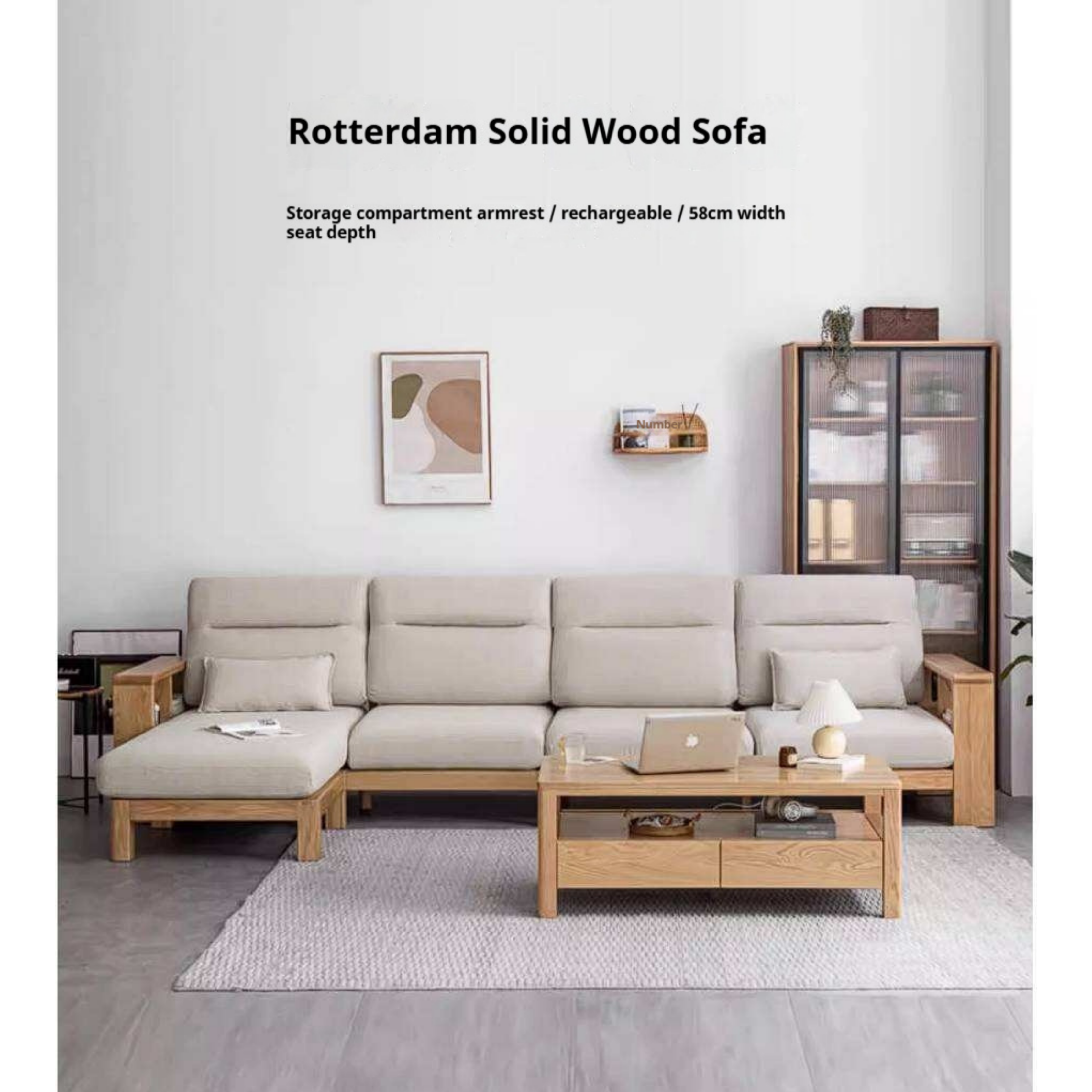 Oak Solid Wood Corner Sofa with Modern Fabric Upholstery