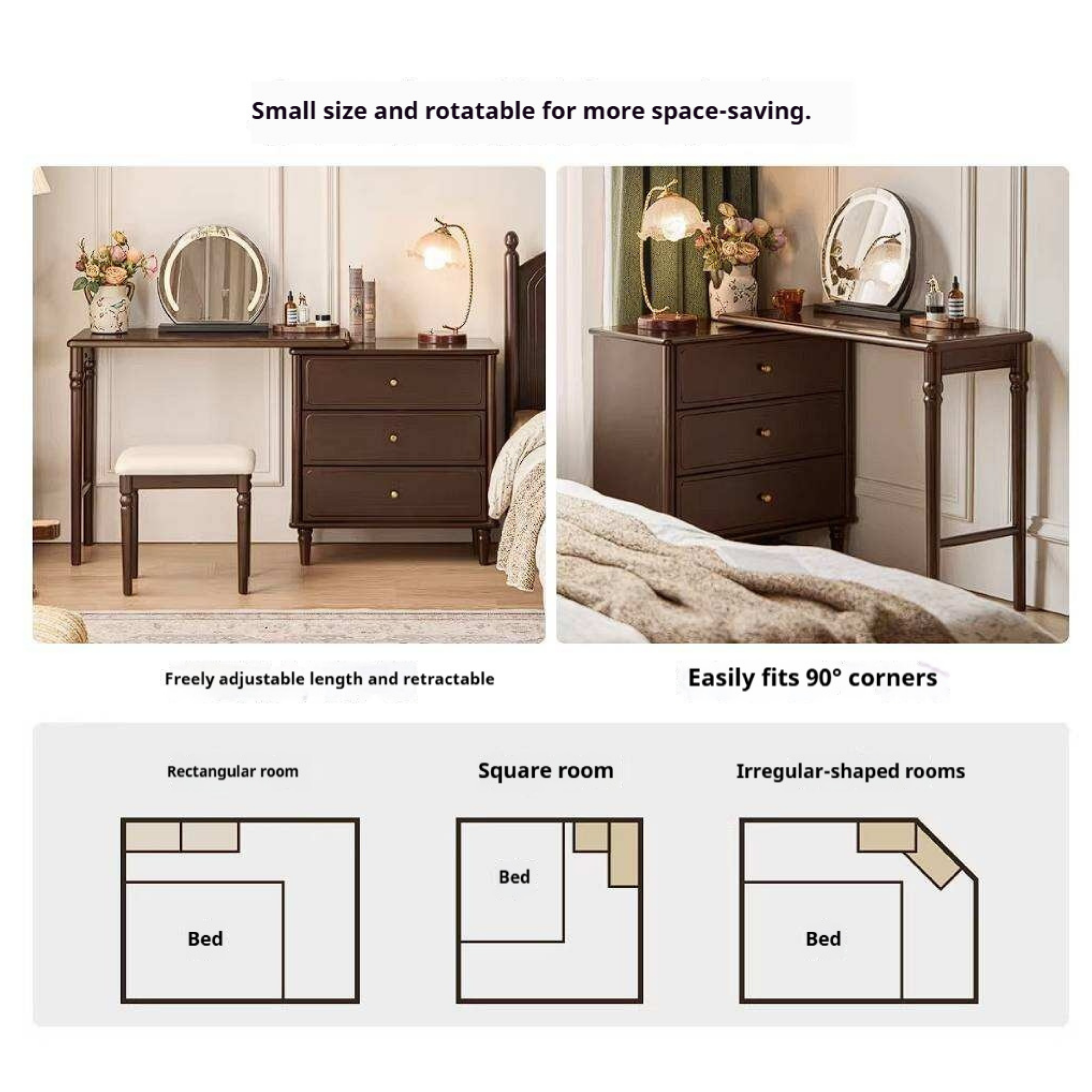 Poplar Solid Wood Vintage Extendable Vanity Desk with Round Mirror and Turned Legs