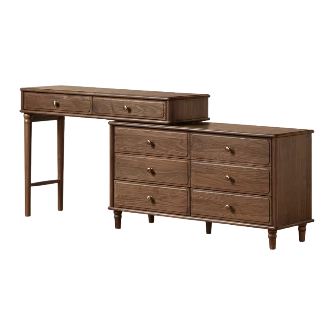Black Walnut, Oak Solid Wood Extendable Vanity Desk and 6-Drawer Dresser Combo