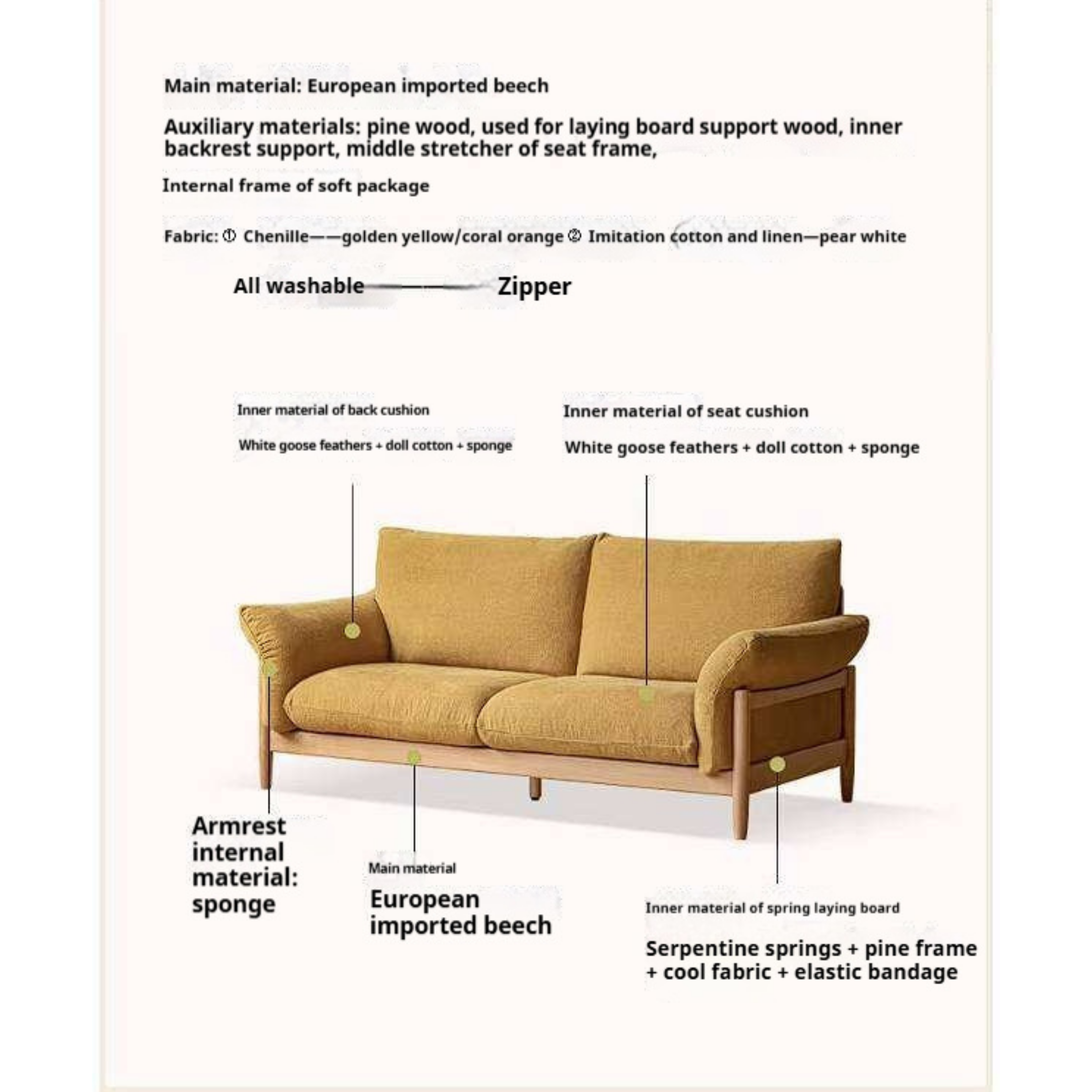 Beech Solid Wood Sofa with Modern Minimalist Design