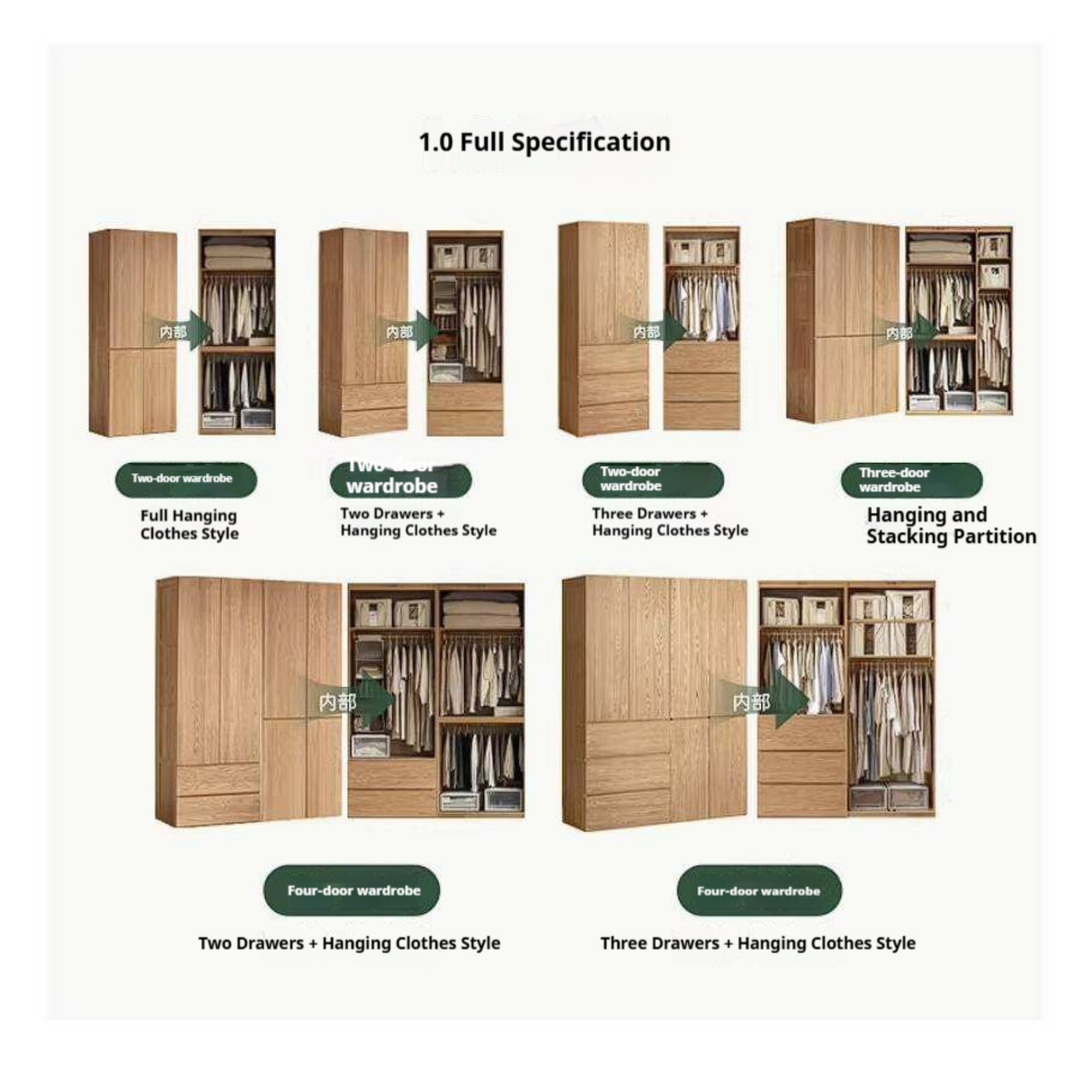 Oak Solid Wood Double Door Wardrobe with pull-out storage drawers Design