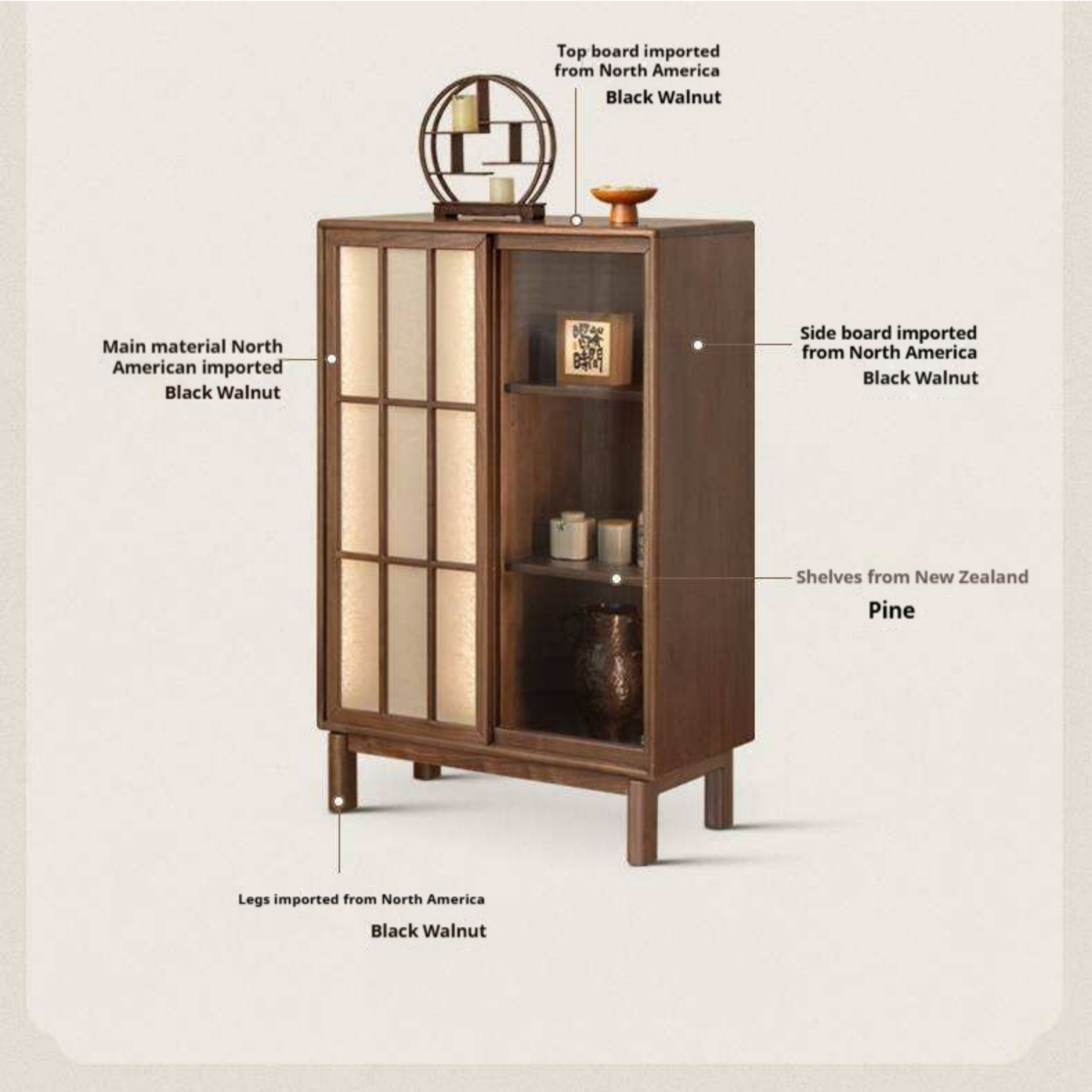Black Walnut Solid Wood Side Cabinet with Elegant Display and Storage Design