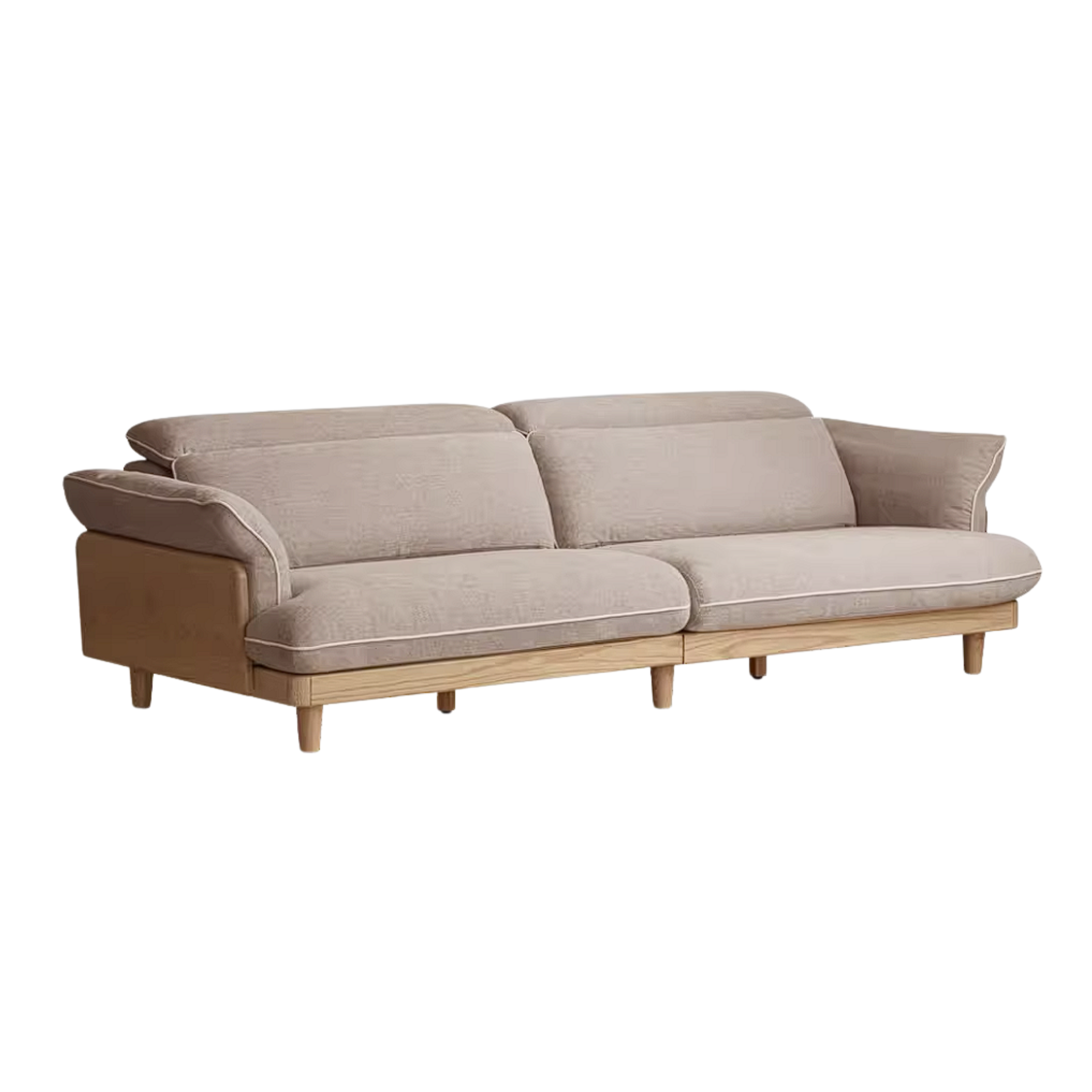 Oak Solid Wood High Back Chenille Sofa with Curved Arms