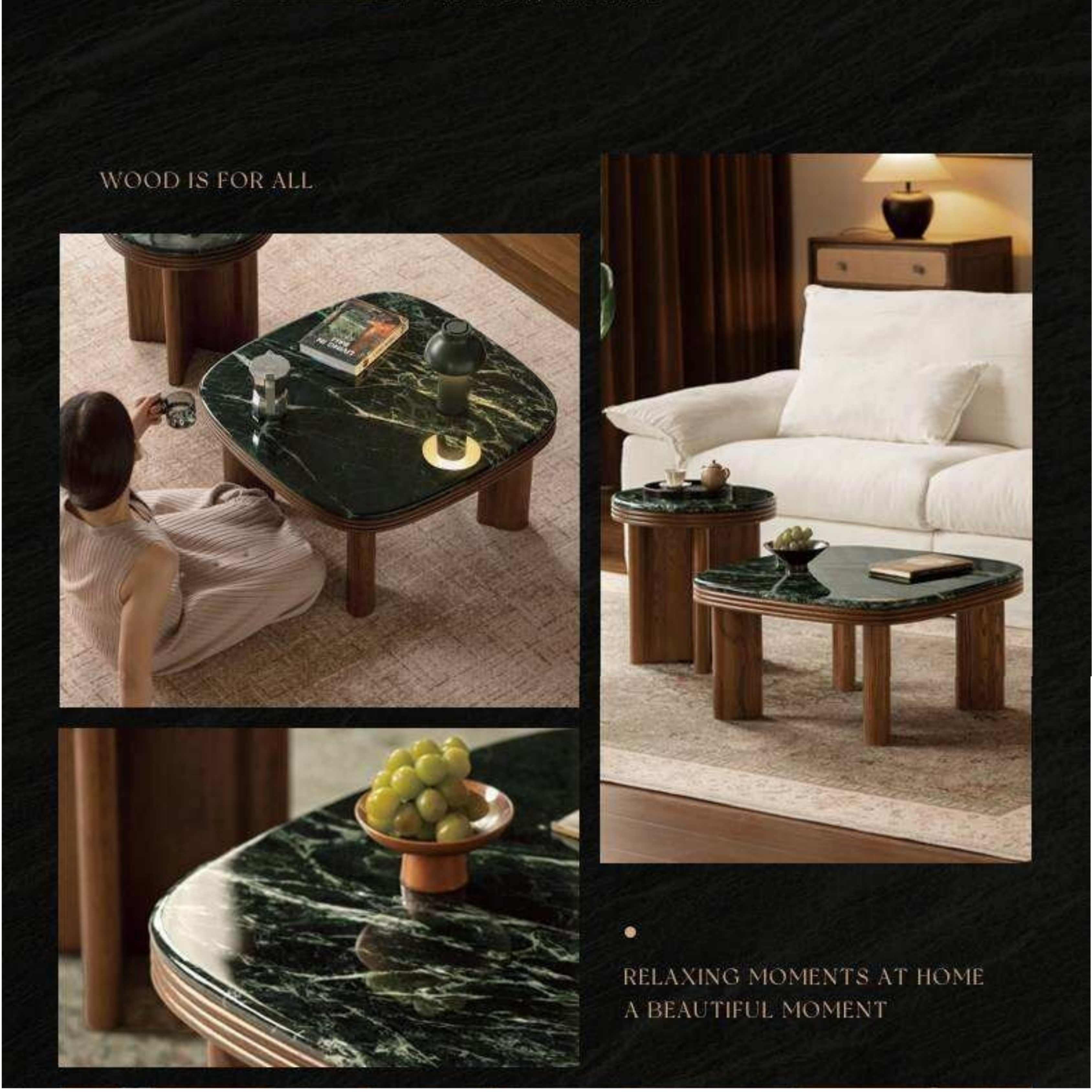 Oak Solid Wood Coffee Table with Green Marble Surface