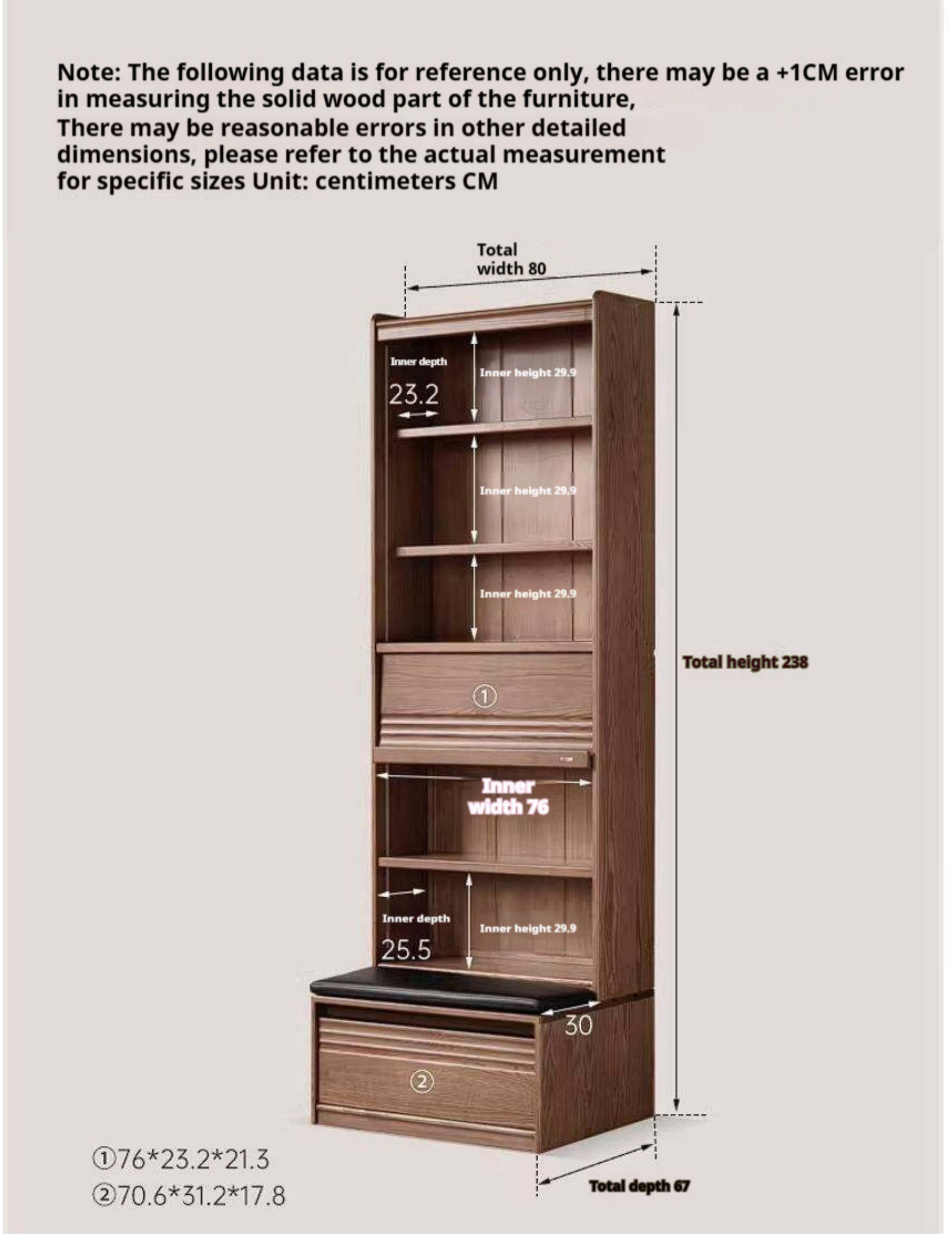 Ash Solid Wood Bookcase with Built In Bench Seat and Storage Drawer, Display Cabinet