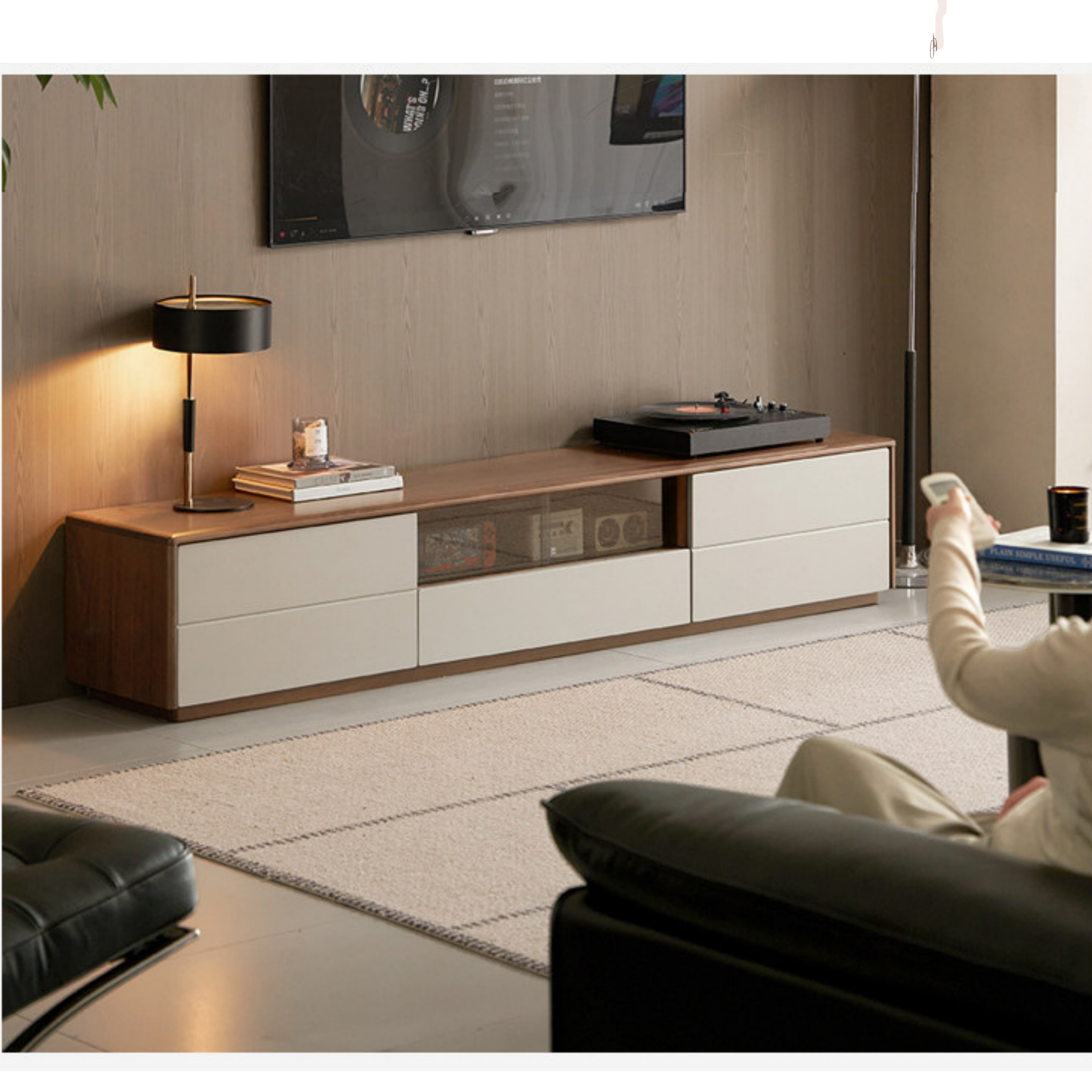 Black Walnut Solid Wood Low Profile TV Stand, Italian Modern Color Block Media Console with Storage