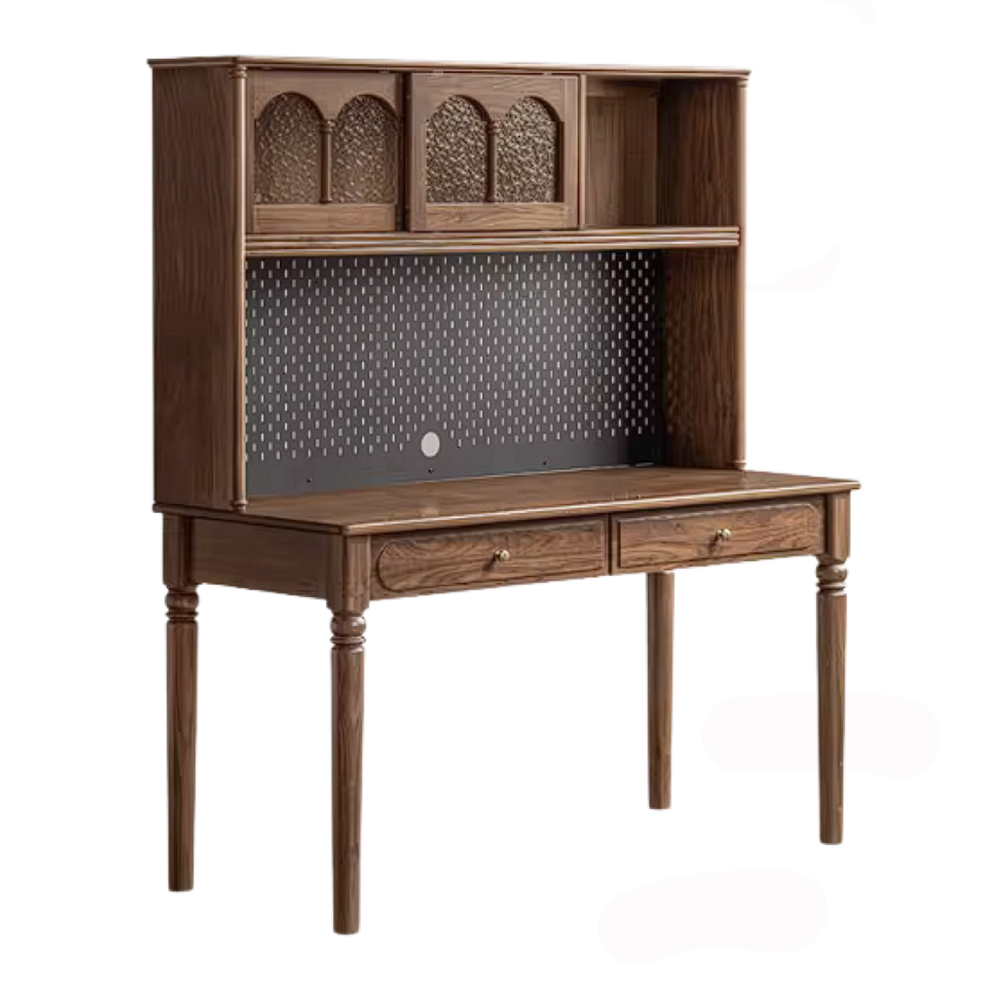 Black Walnut Solid Wood French Vintage Writing Desk with Arched Cane Door Hutch and Turned Spindle Legs
