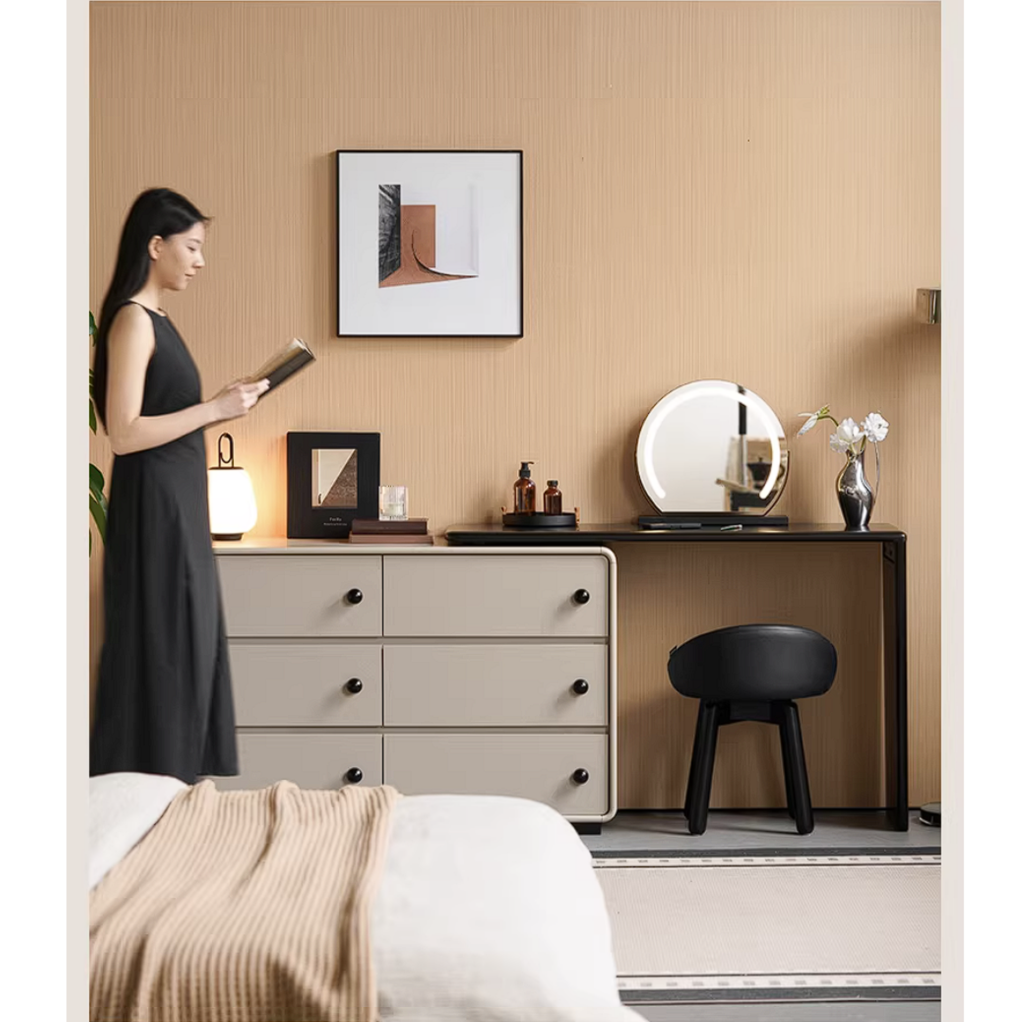 Rubberwood Solid Wood Rotating Extendable Vanity Table with