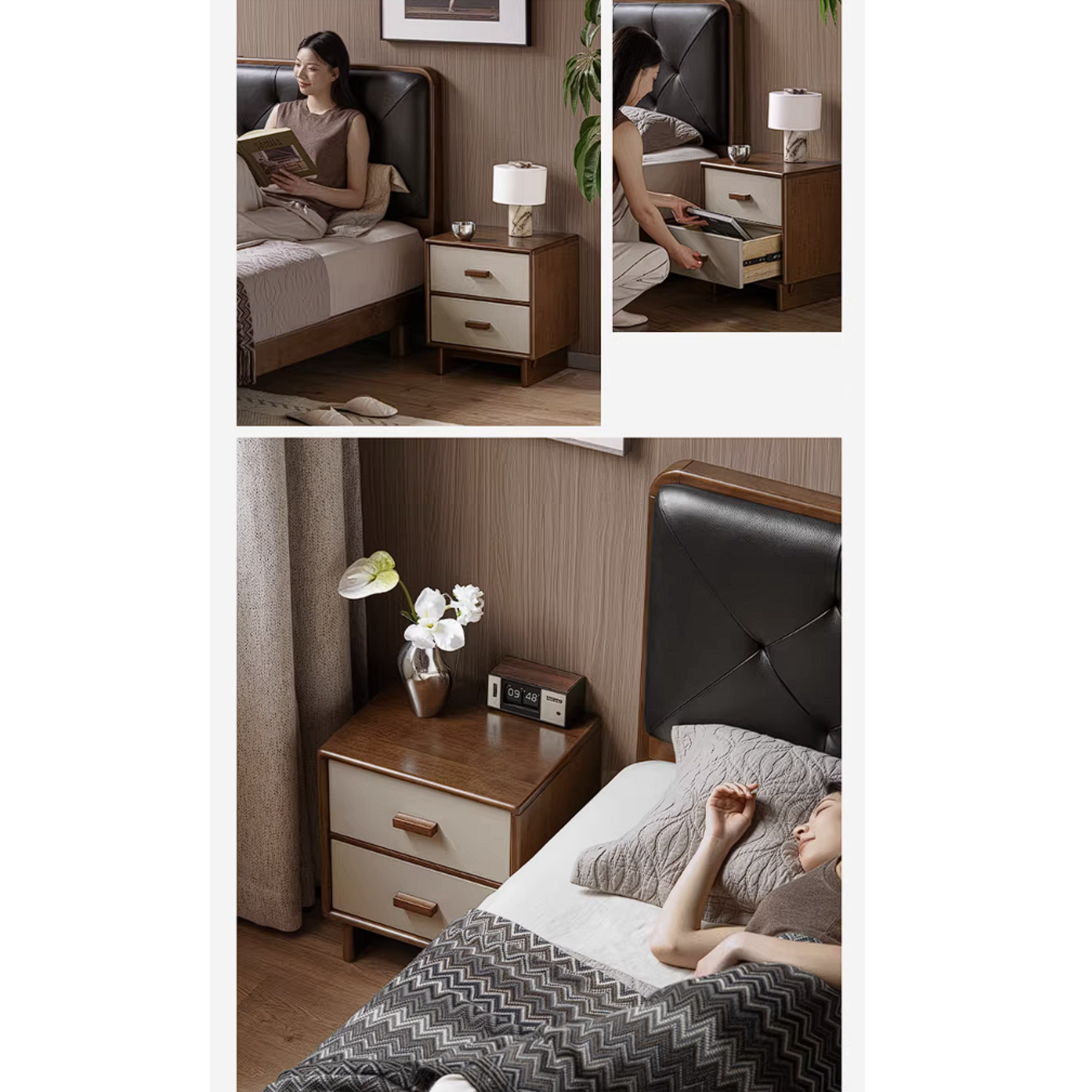Rubberwood Solid Wood Two-Tone Nightstand with Cream Drawer Fronts and Tapered Legs