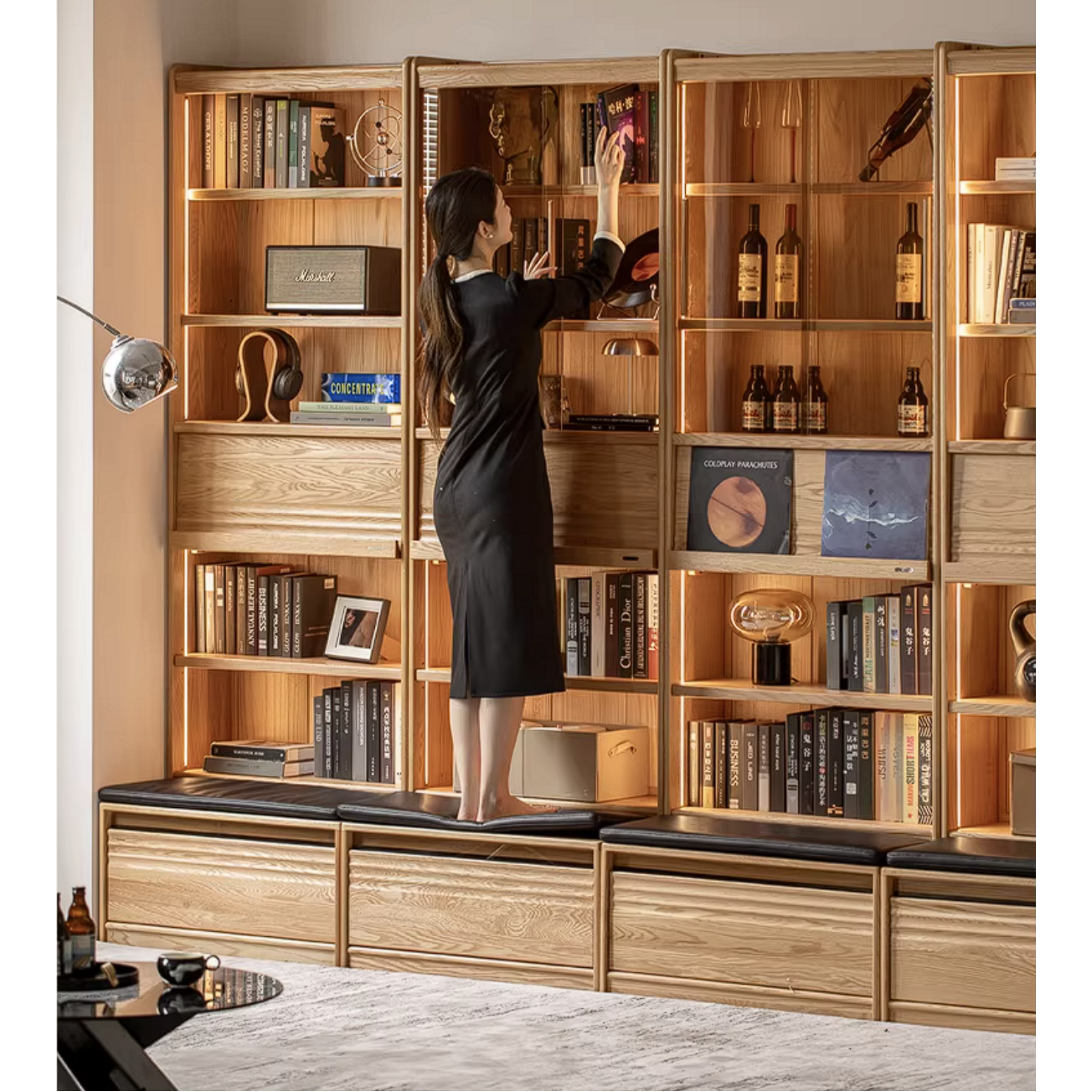 Oak Solid Wood Bookshelf with Integrated Booth Seating