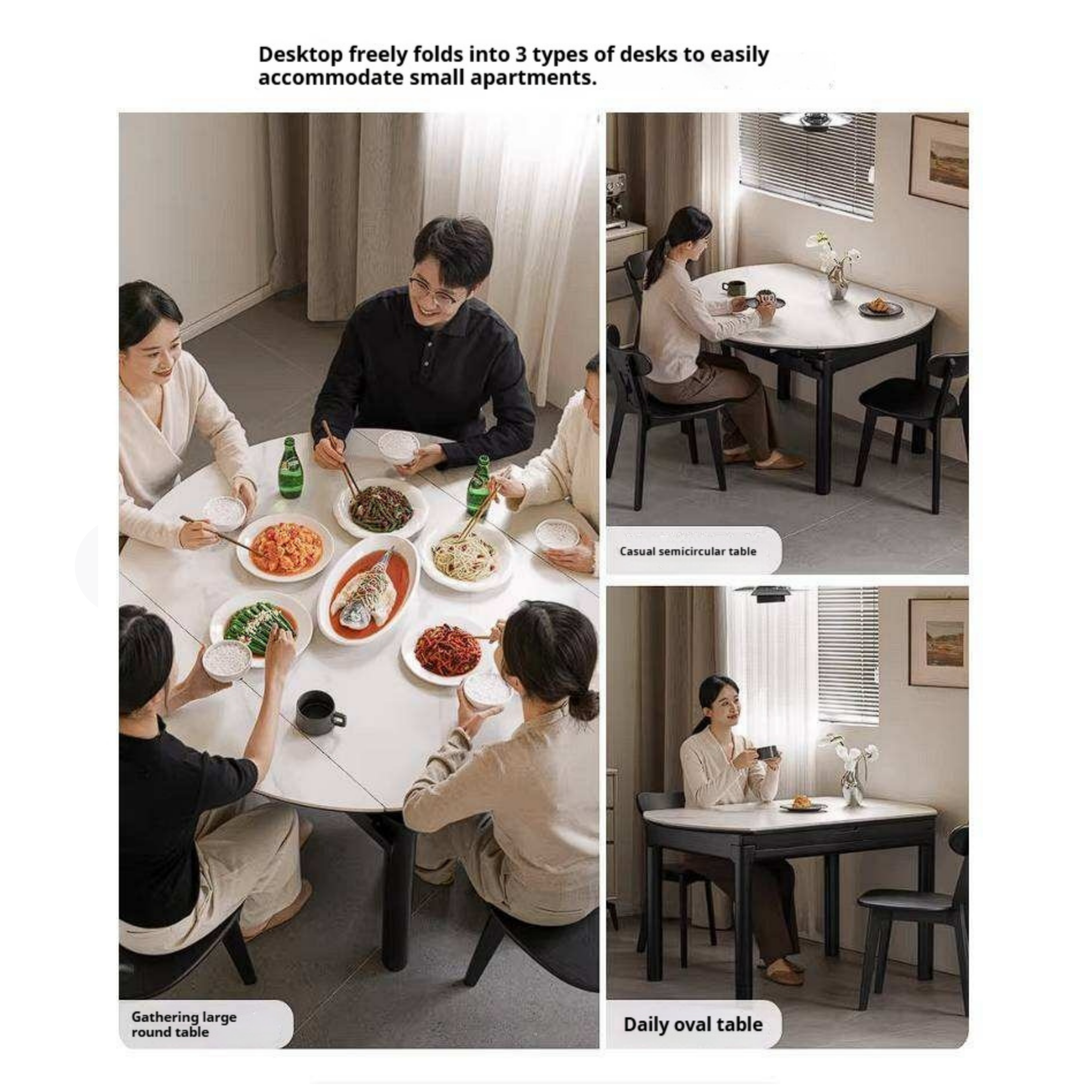 Rubberwood Solid Wood Extendable Round Dining Table with Stone Top