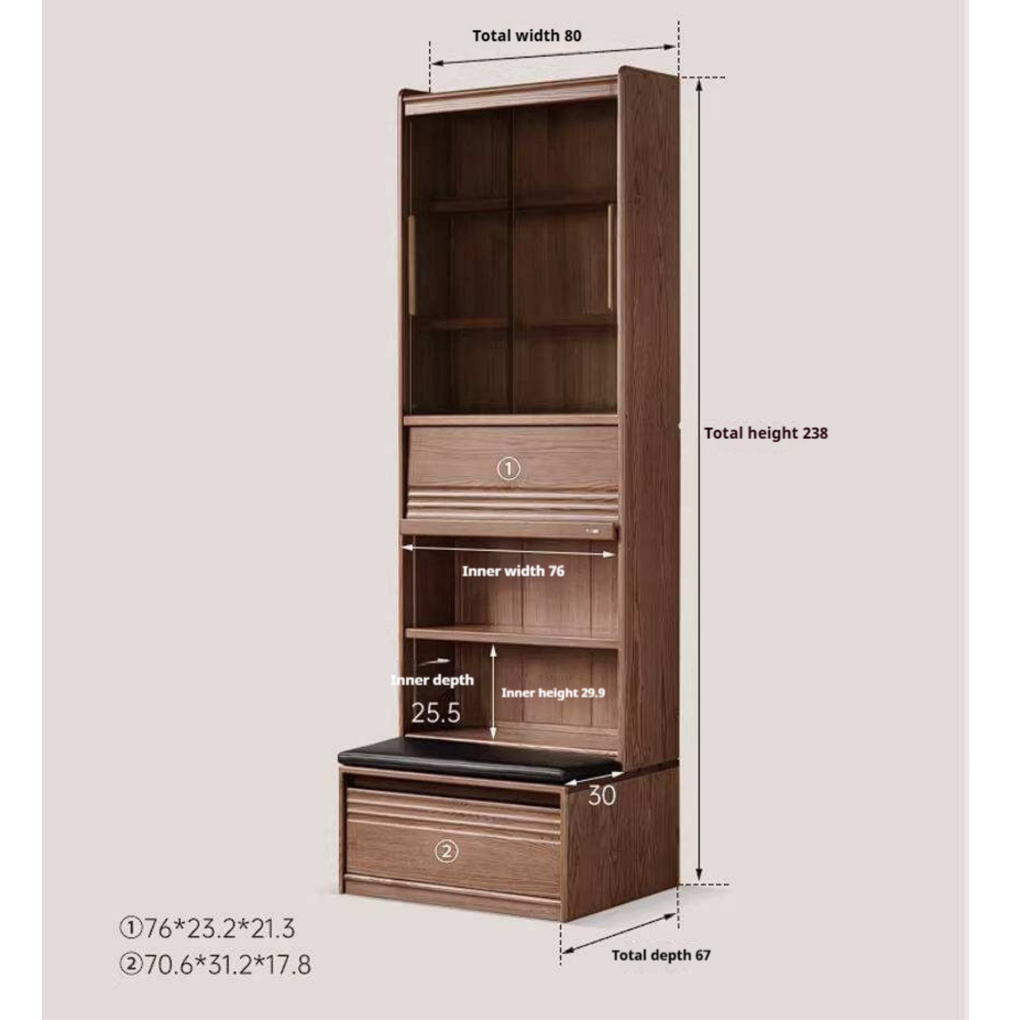 Ash Solid Wood Bookcase with Built In Bench Seat and Storage Drawer, Display Cabinet