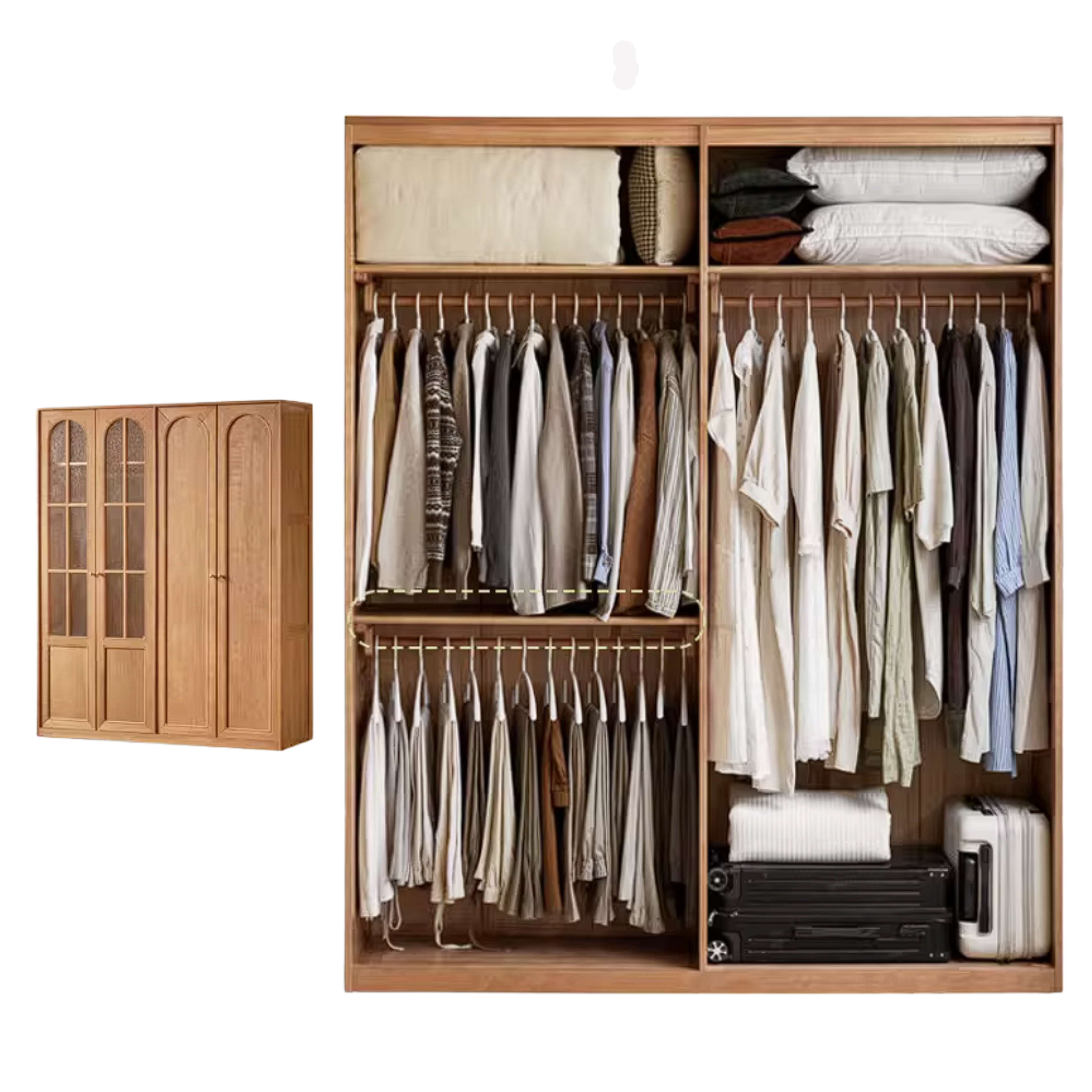 Cherry Solid Wood Wardrobe with French Retro Style Double Door Design