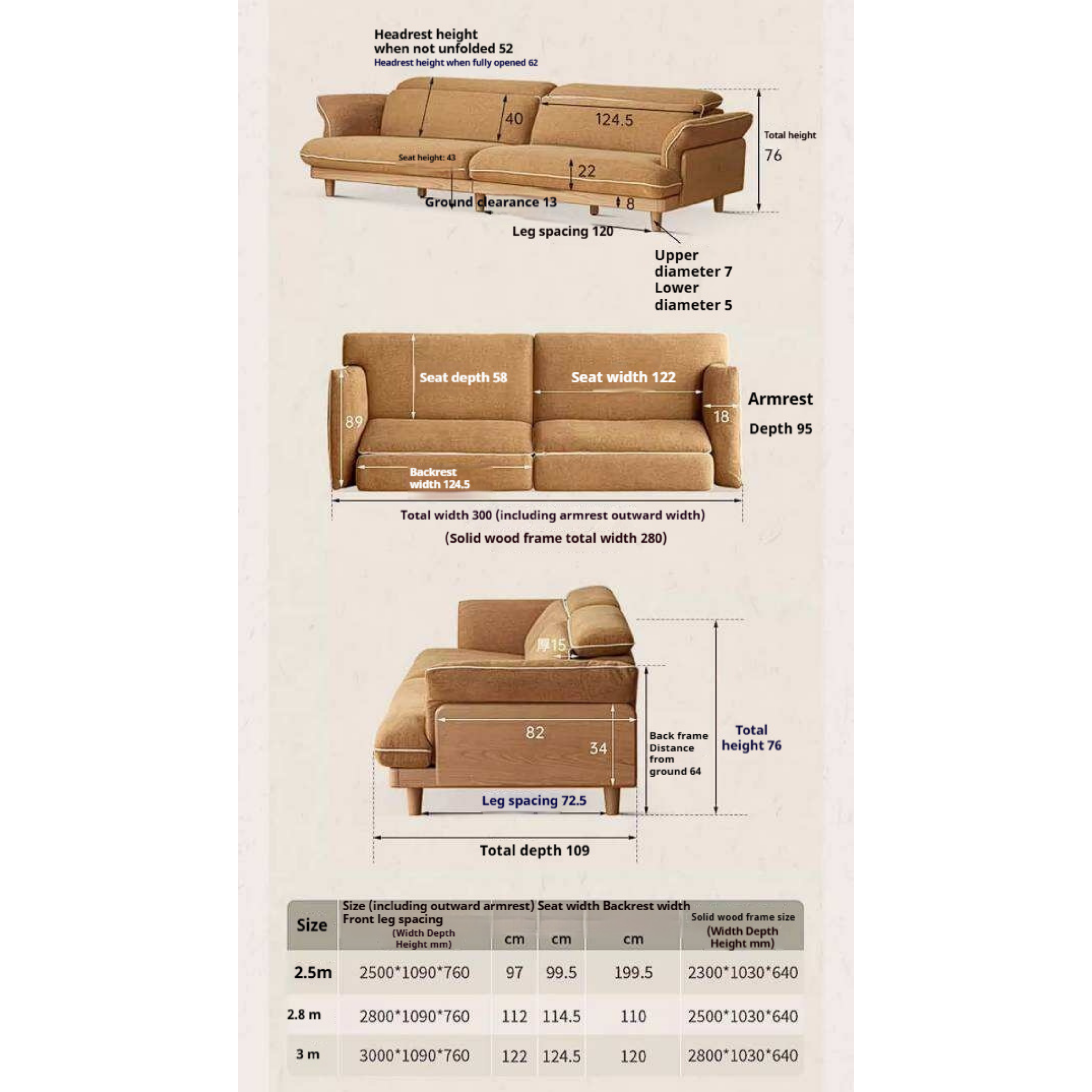 Oak Solid Wood High Back Chenille Sofa with Curved Arms