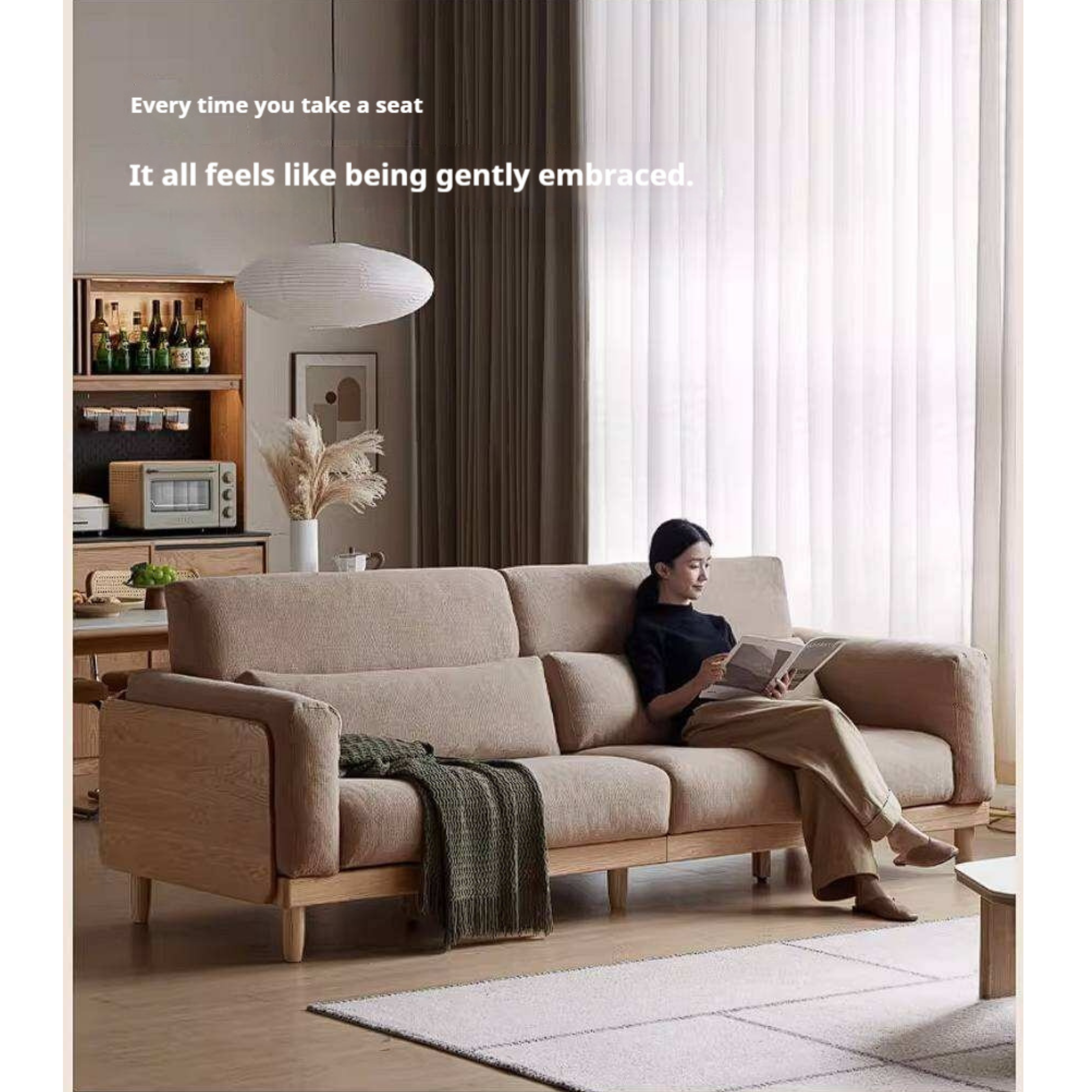 Oak Solid Wood Sofa with Rounded Arms, Low-Profile Design