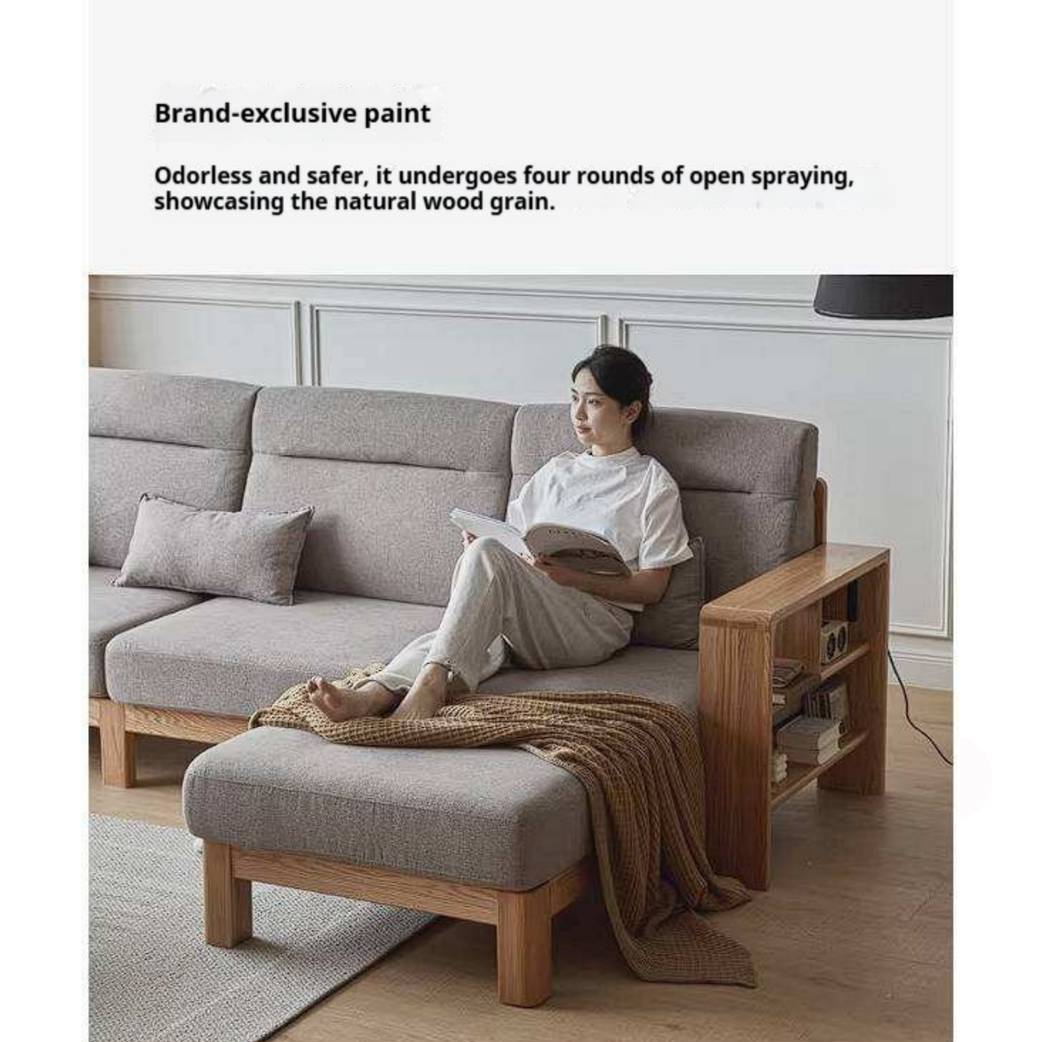 Oak Solid Wood Corner Sofa with Modern Fabric Upholstery