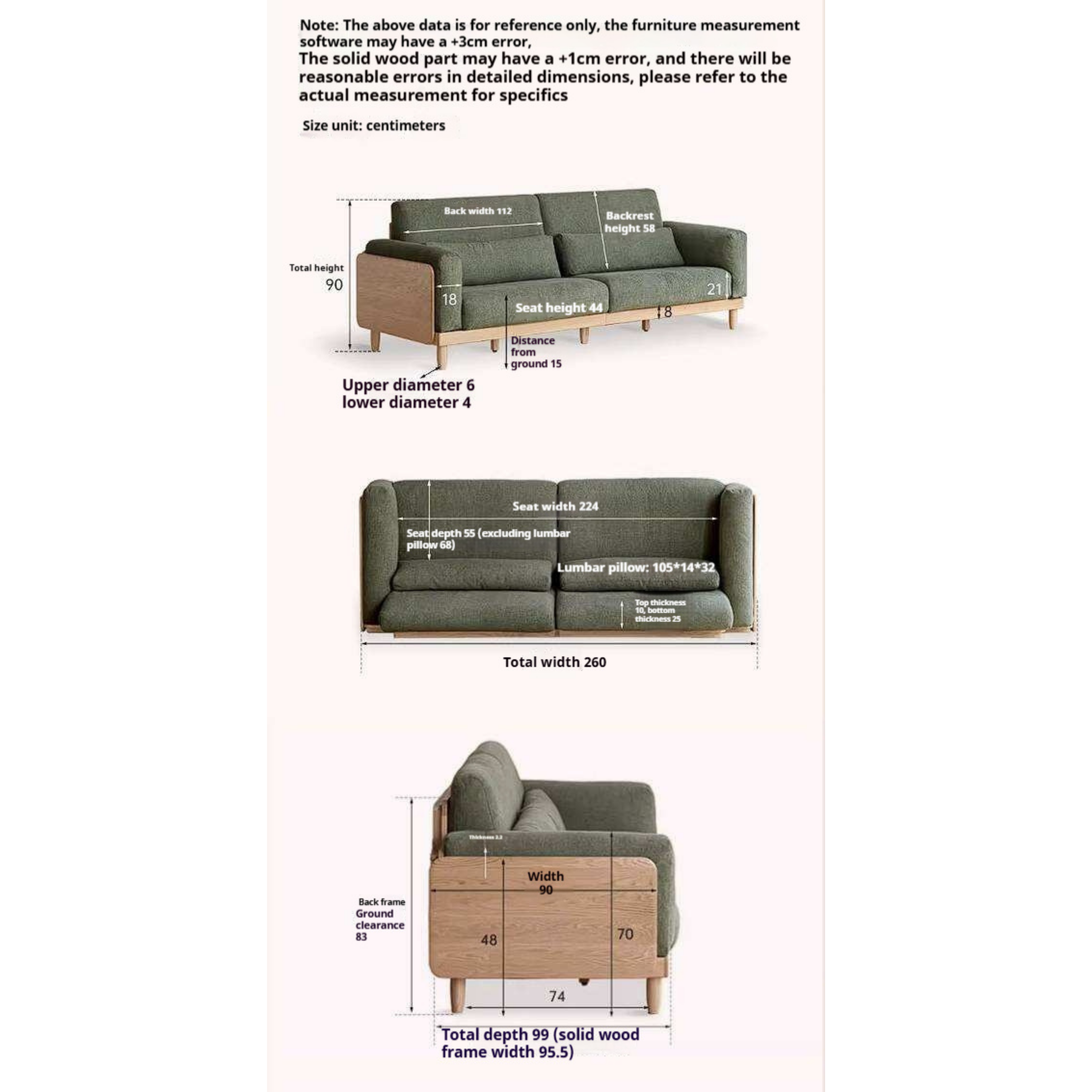 Oak Solid Wood Sofa with Rounded Arms, Low-Profile Design