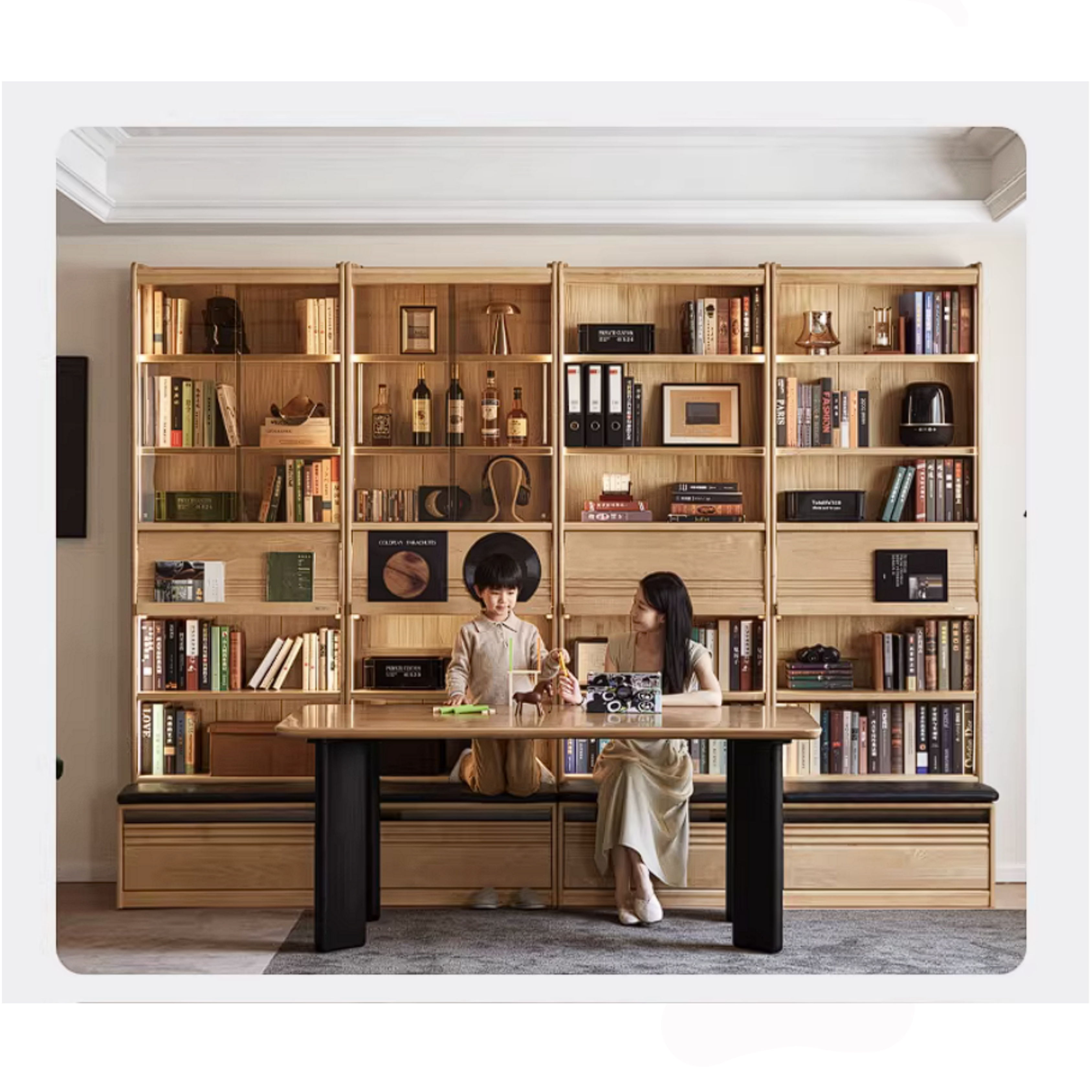 Ash Solid Wood Bookshelf with Wall Mounted Display Cabinet Design