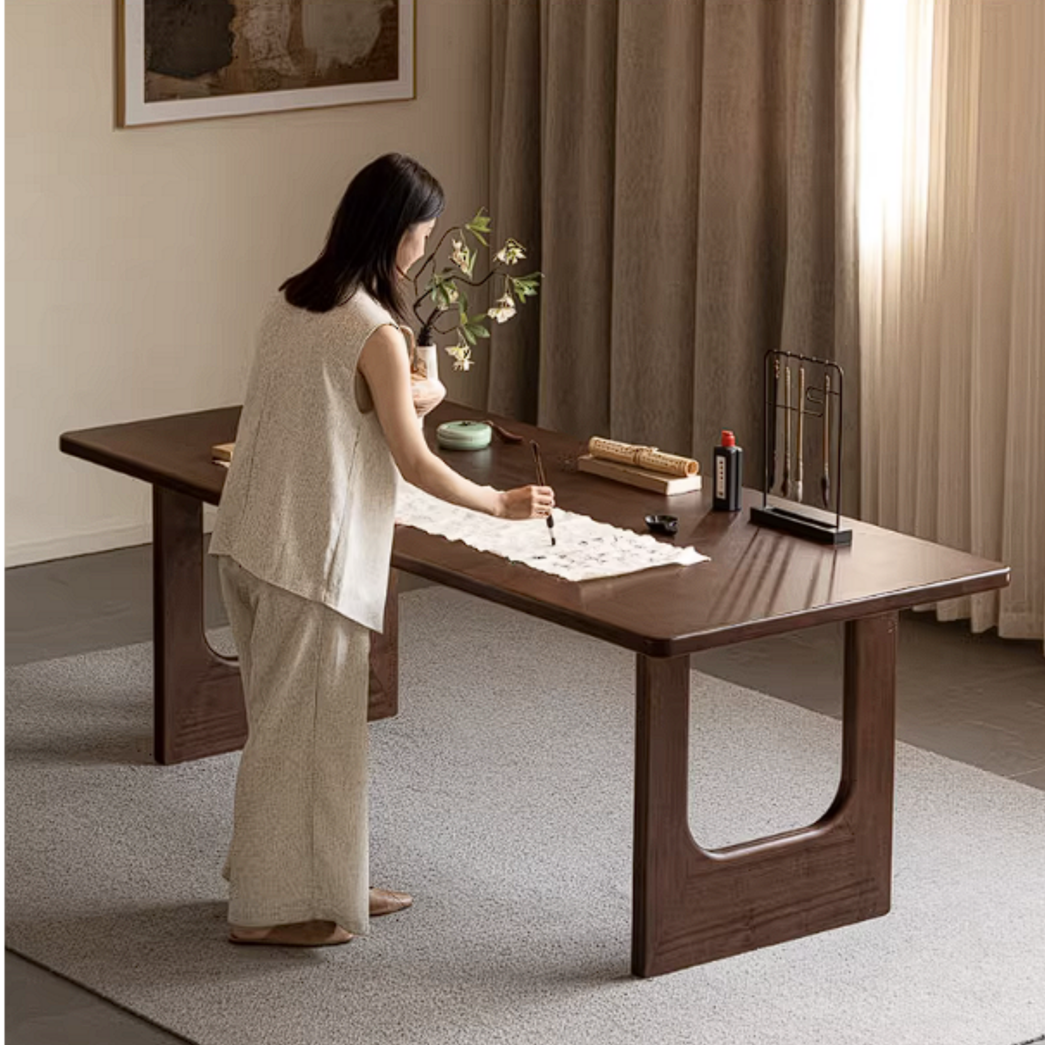 Sandalwood Solid Wood Dining Table with Thick Rectangular Top