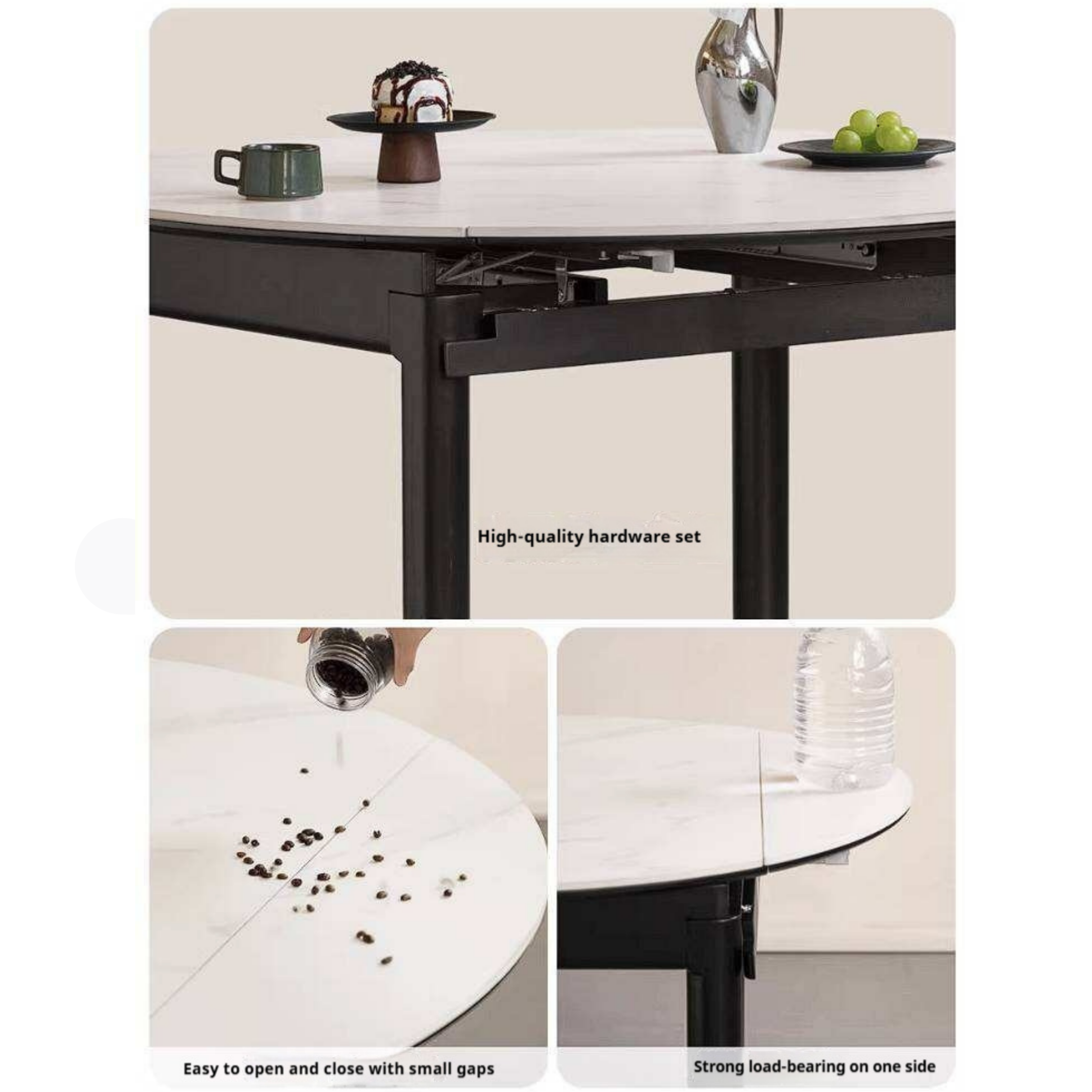 Rubberwood Solid Wood Extendable Round Dining Table with Stone Top