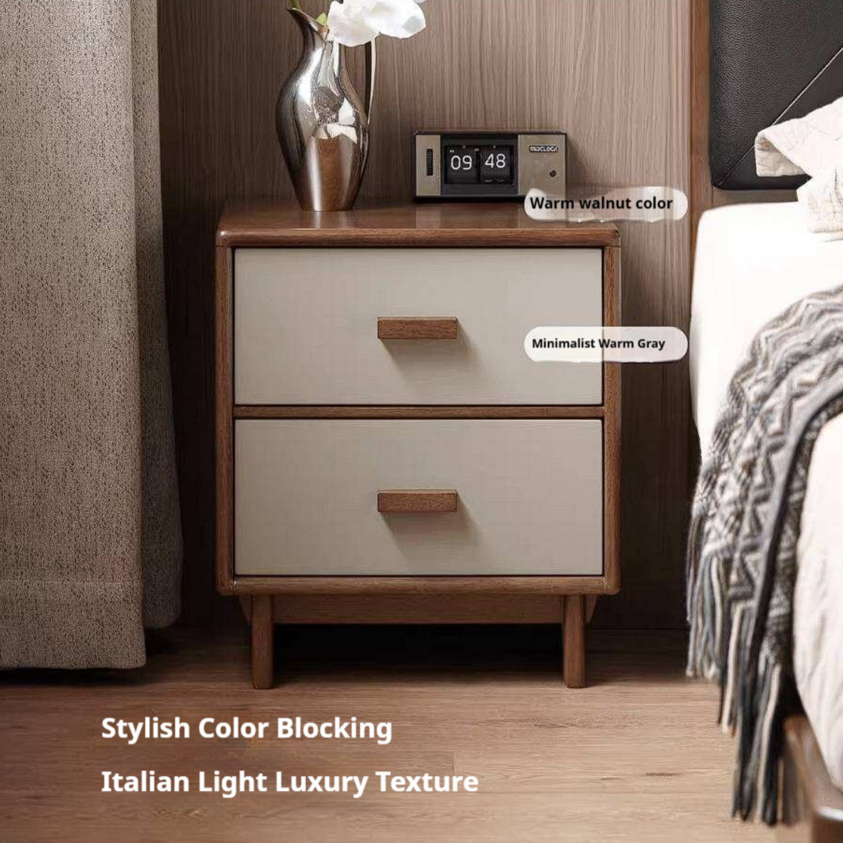 Rubberwood Solid Wood Two-Tone Nightstand with Cream Drawer Fronts and Tapered Legs